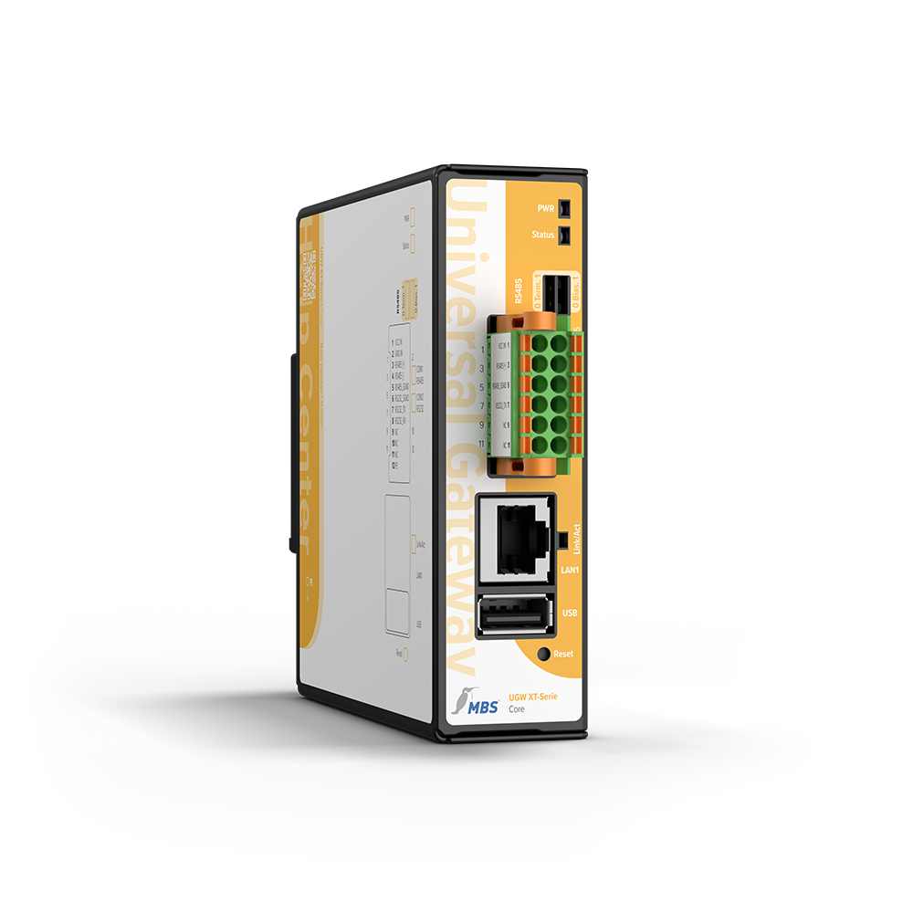 MBS GmbH : série UGW XT Core avec prise en charge BACnet, vue en perspective avec connecteurs RS232, RS485, LAN et USB