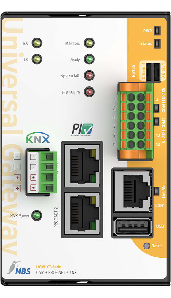 Vue de face du MBS série UGW XT Core + PROFINET + KNX avec ses raccordements