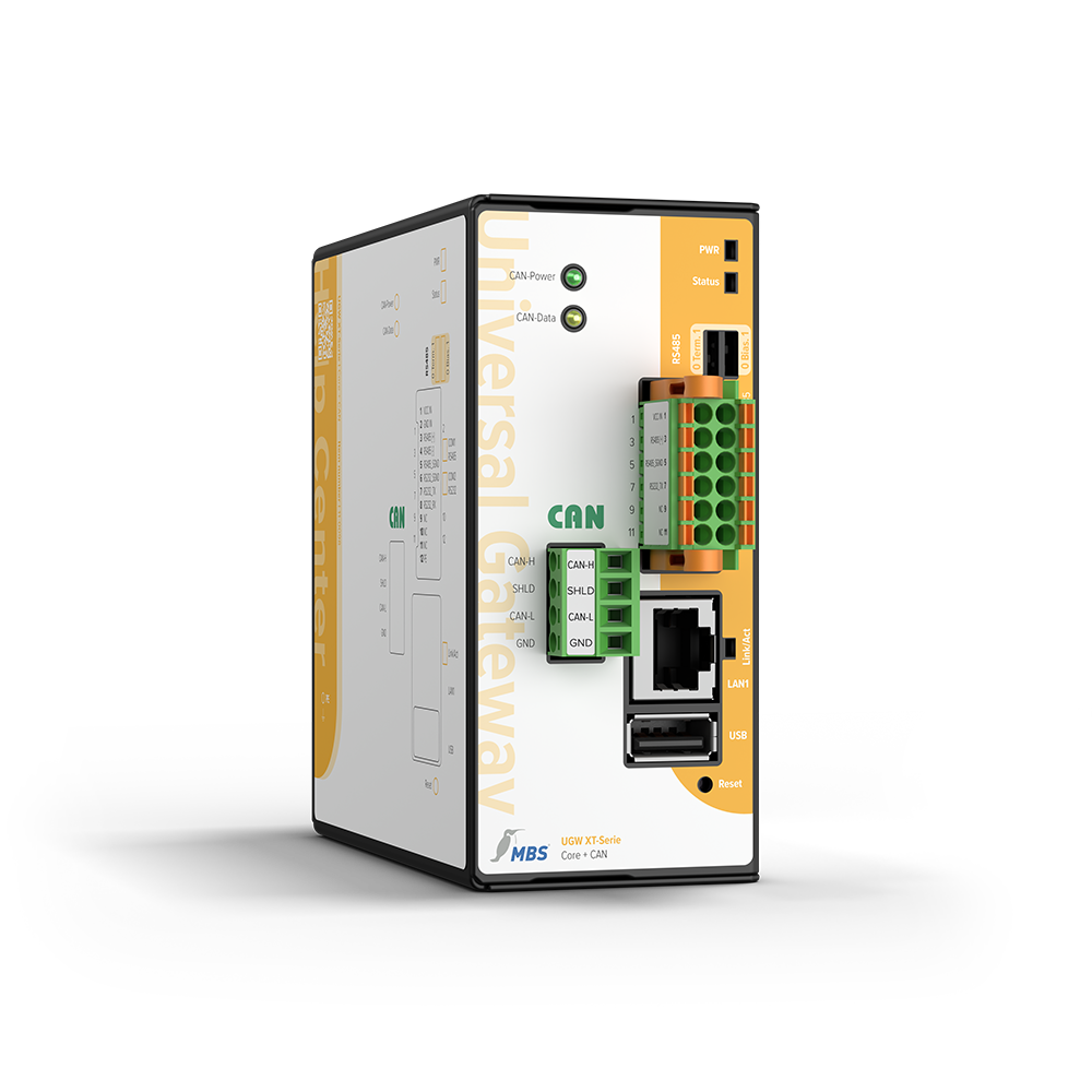 MBS GmbH UGW XT-Serie Core+CAN mit BACnet-Unterstützung in perspektivischer Ansicht mit CAN-, RS232-, RS485-, LAN- und USB-Anschlüssen