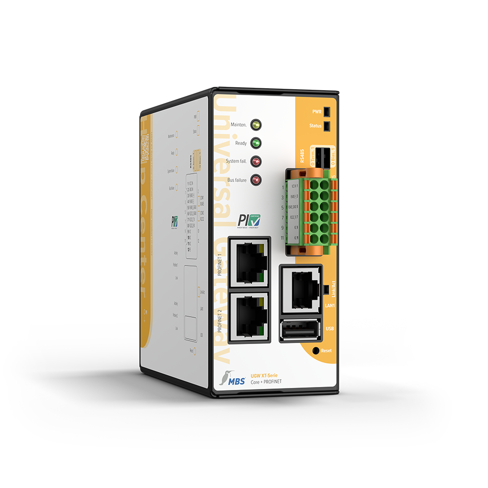 MBS GmbH, série UGW XT Core + PROFINET avec prise en charge de BACnet, vue en perspective avec deux connecteurs PROFINET ainsi que des connecteurs pour RS485, RS232, LAN et USB
