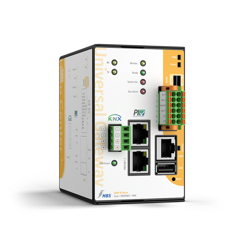 MBS GmbH, série UGW XT Core + PROFINET + KNX avec prise en charge de BACnet, vue en perspective avec connexion au bus KNX, deux connexions PROFINET ainsi que des connexions pour RS485, RS232, LAN et USB