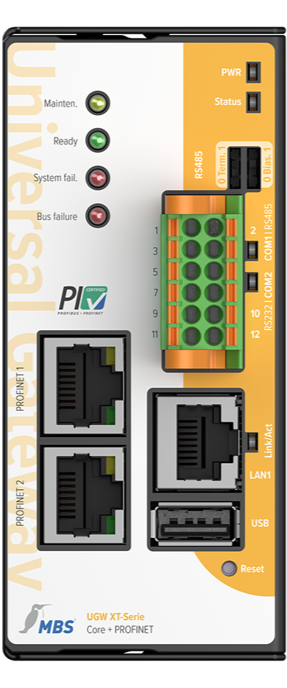 Vue de face du MBS série UGW XT Core + PROFINET avec ses connecteurs