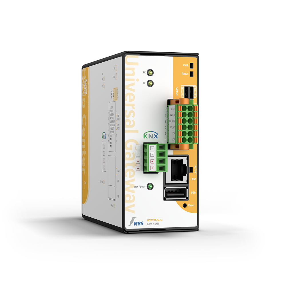 MBS GmbH UGW XT-Serie Core+CAN mit BACnet-Unterstützung in perspektivischer Ansicht mit CAN-, RS232-, RS485-, LAN- und USB-Anschlüssen