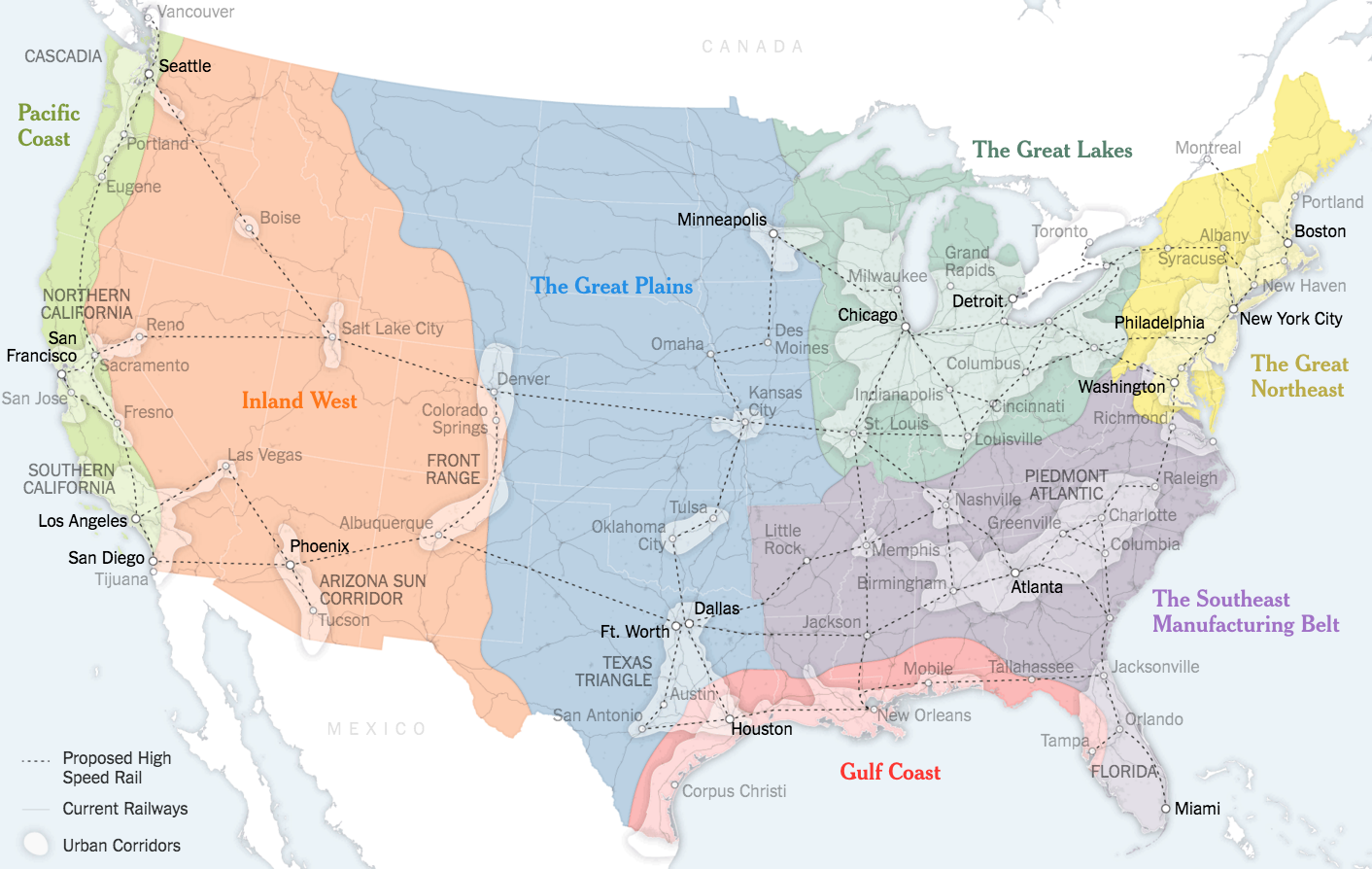 How the lower 48 states could be realigned into seven mega-regions (larger).Credit Sources: Joel Kotki (boundaries and names of 7 mega-regions); Forbes Magazin; Regional Plan Association; Census Bureau; nited State High Speed Rail Association; Clare Trainor/University of Wisconsin-Madison Cartography Laboratory.