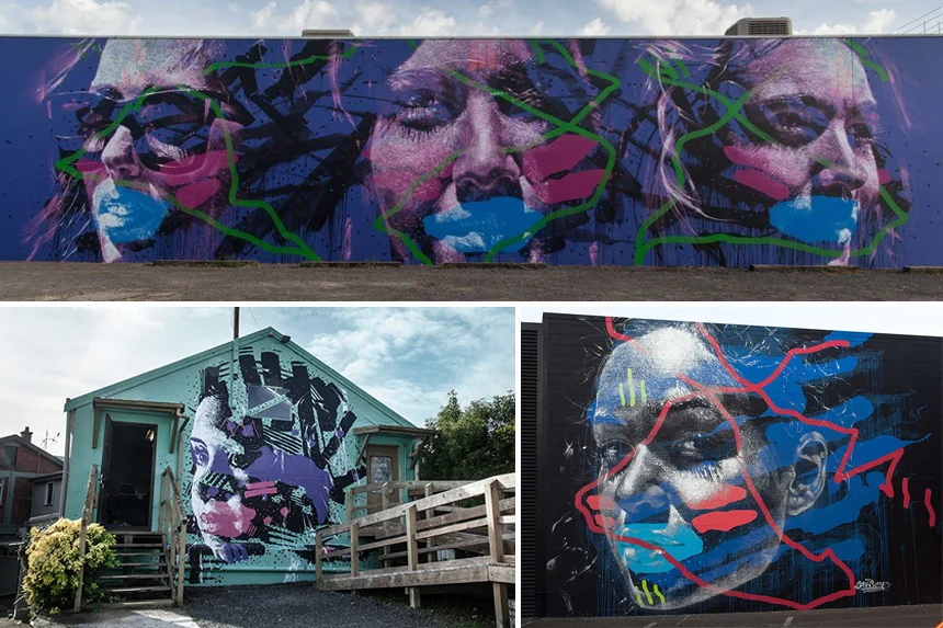 Clockwise from top: 'Maddison, Gemma & Mikaela' Re.Discover Bunbury, AUS '16 | 'Maddison' Street Prints Mauro Mural Festival, NZ '15 | 'Opal' Te Awamutu, NZ '14