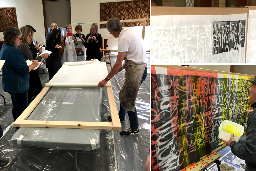 Left: Stretching the kozo paper onto the panel | Top right: Applying the black layer | Bottom right: Applying the colour