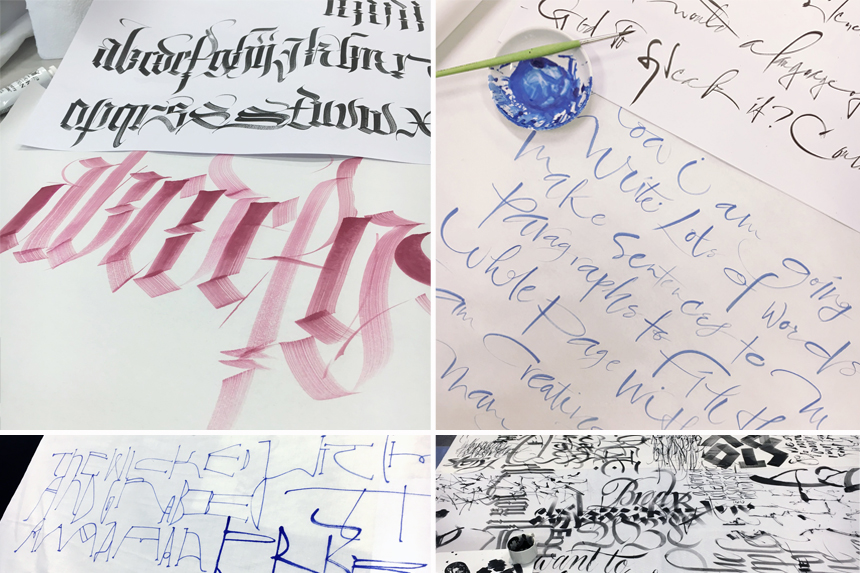Top left: Gothic by Brody Nuenschwander | Top right: My Gestural script | Bottom left: Brody's lettering art | Bottom right: Collaborative lettering by the class
