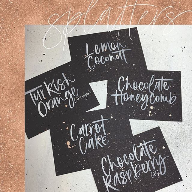 My new favourite labels - rose gold splatters + white writing on black card 😍 I want to try this look for a larger piece now! Thanks Kara + Jase 💕