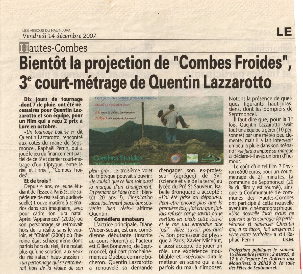 Bientôt la projection de Combes froides, 3ème court-métrage de Quentin Lazzarotto