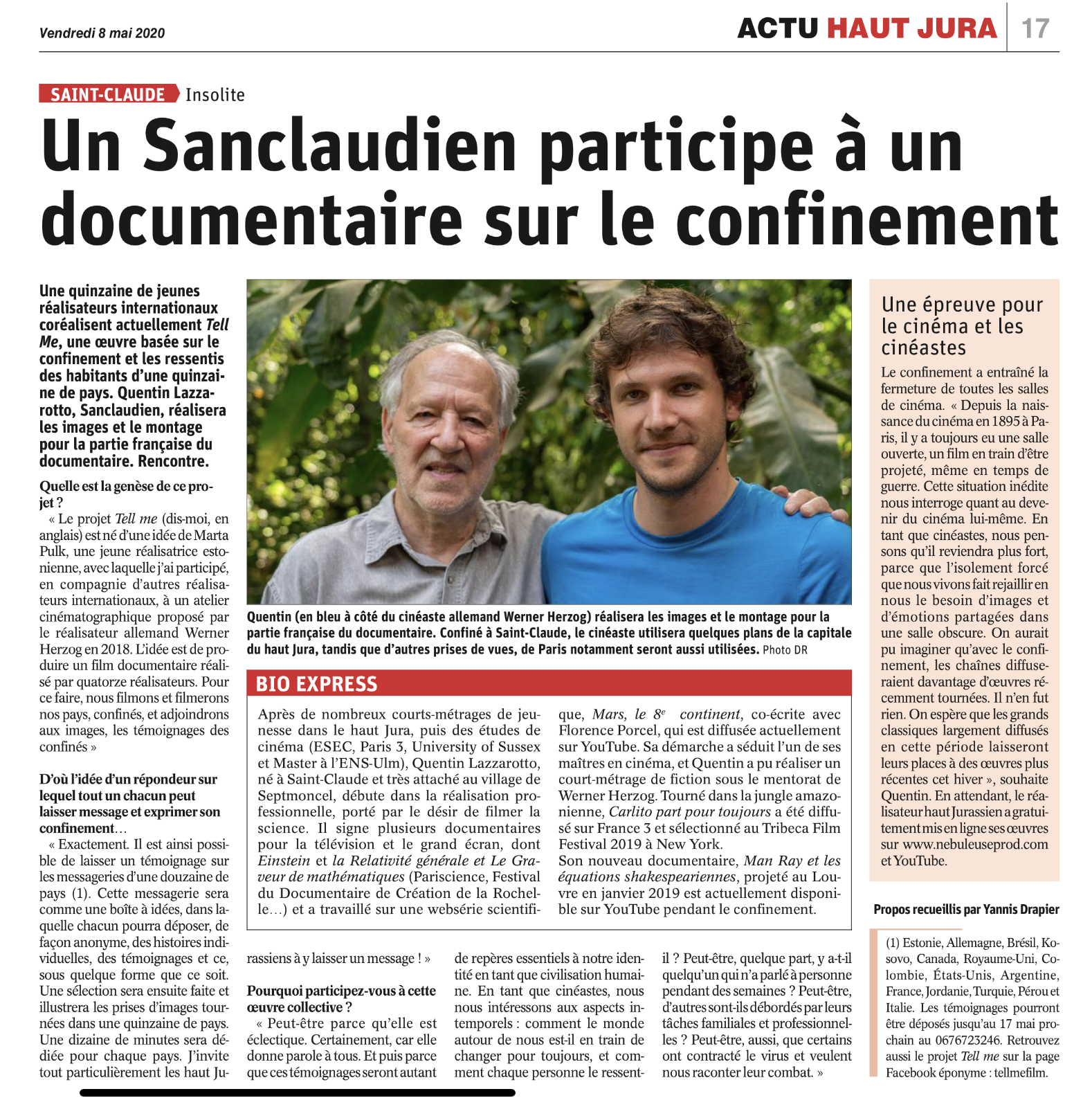 Un sanclaudien participe à un documentaire sur le confinement