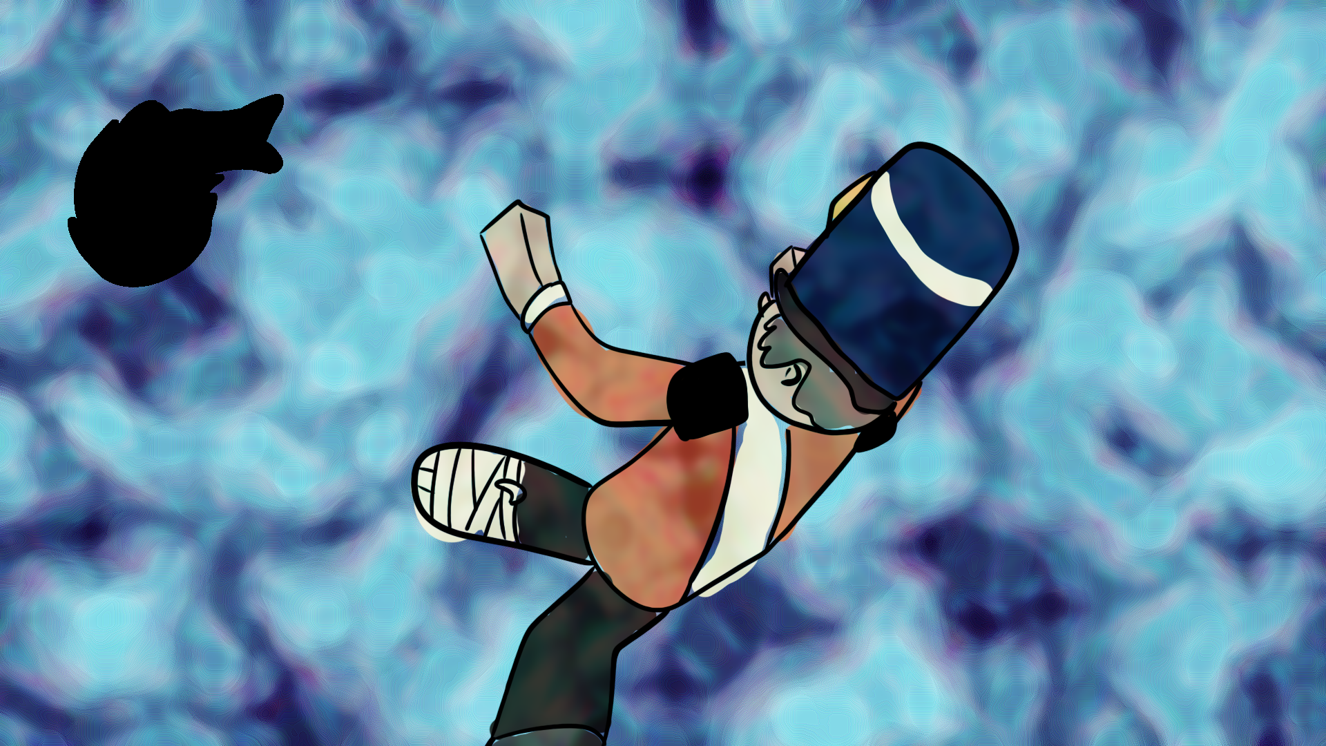 A rough piece of concept art depicting an unknown figure sinking into the water. A large fish looms above.