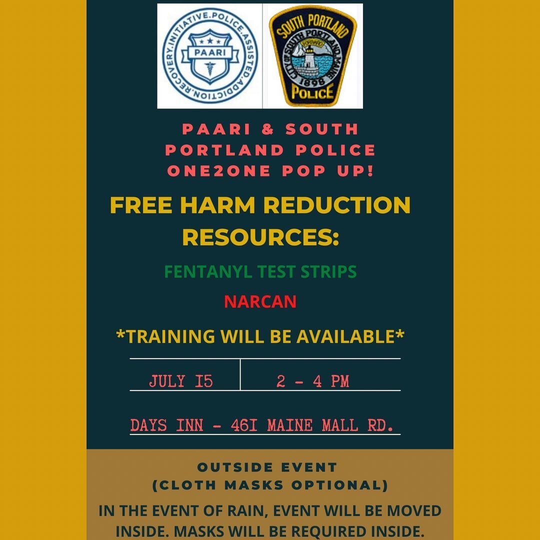 We are sharing this important FREE Harm Reduction Pop-up educational event hosted by @southportlandpd and PAARI (Police Assisted Addiction Recovery Initiative). This Thursday July 15, 2-4. Oliver Bradeen, ED of Milestone will be there to answer any q