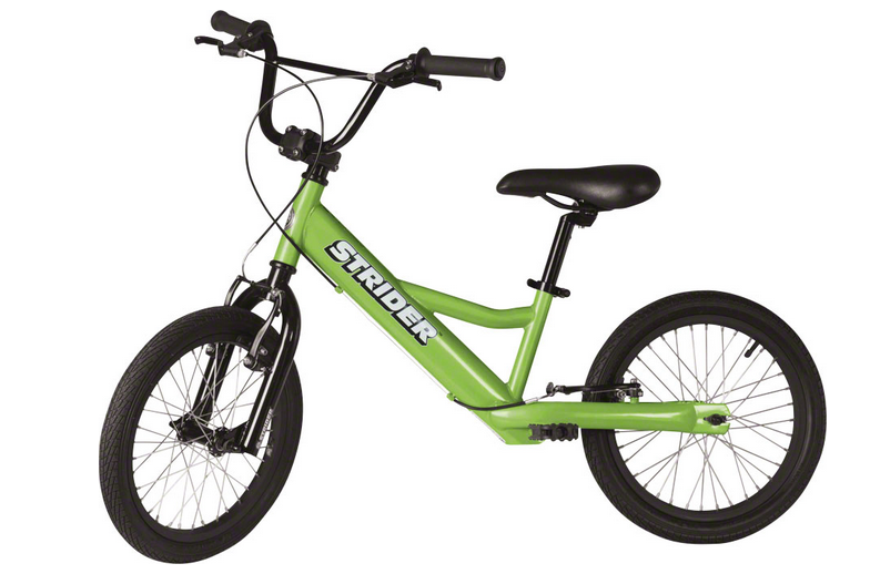 Strider 16 Sport Lightweight, pedal-less design allows children ages 6+ to straddle the bike with both feet on the ground and easily propel the bike by walking or running. Includes front and rear V-brakes.