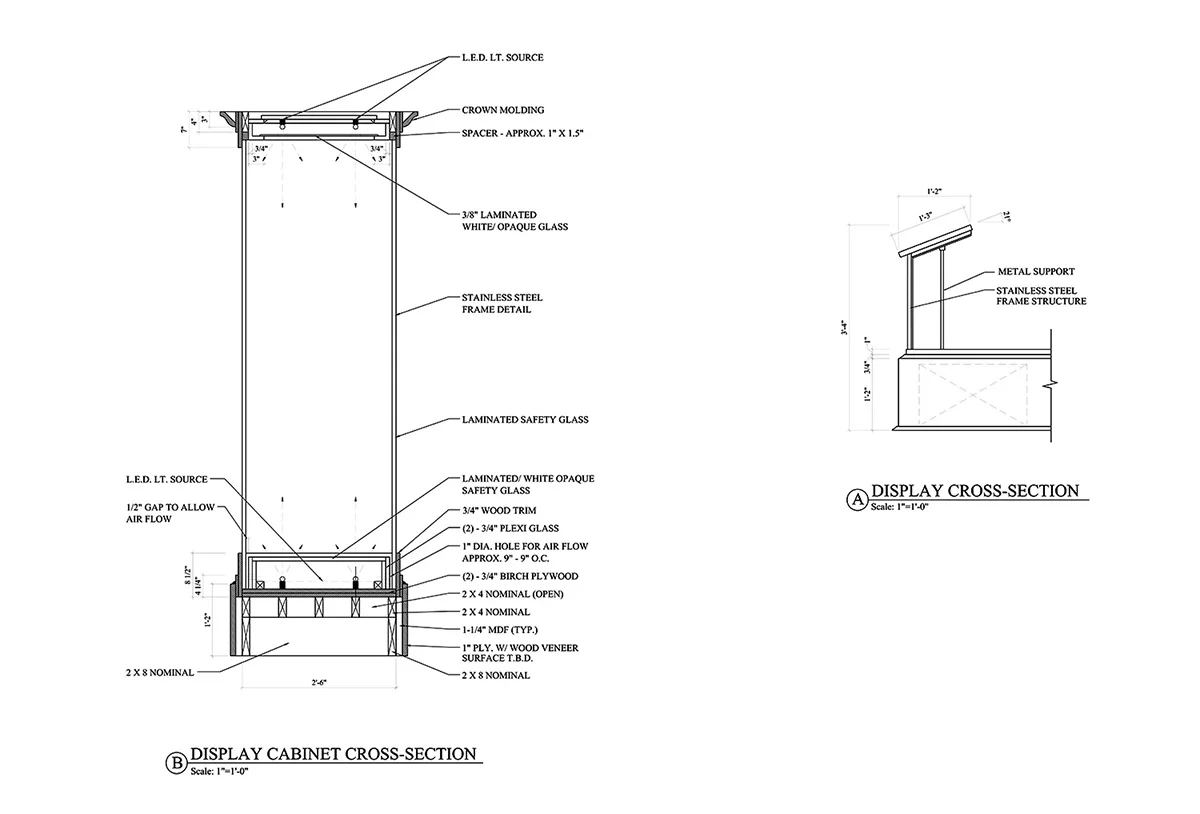 Display kiosk cross section; The image indicates the placement of LED light source, laminated white opaque safety glass layer preventing the display area from direct light exposure, and openings for air flow.