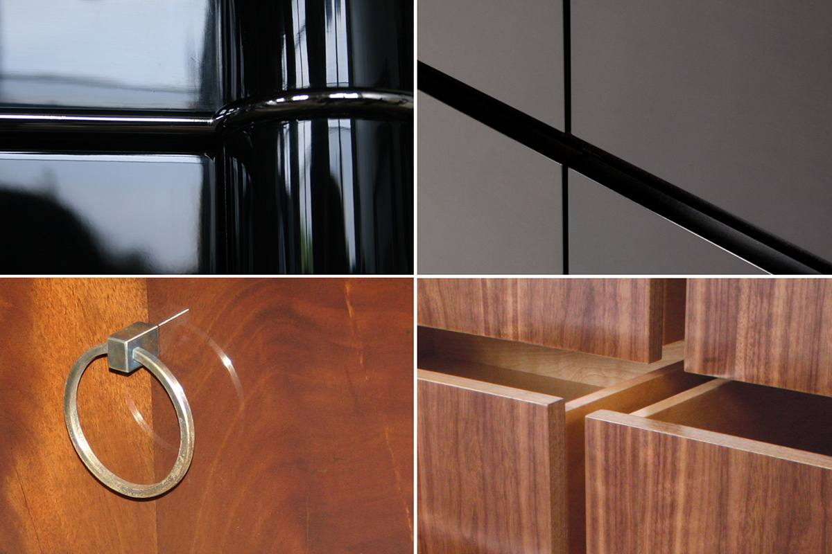 From upper left: high gloss black piano, espresso, high gloss lacquer, clear satin