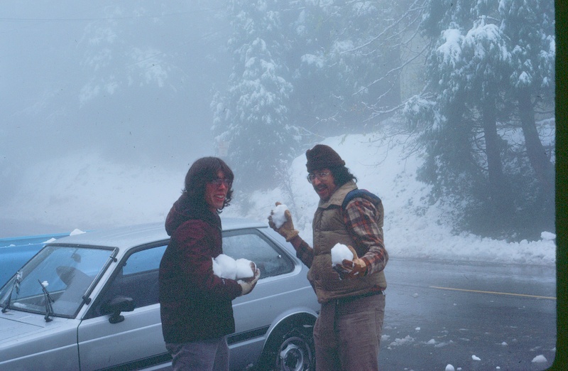 Ken (with Ed Reyes) with snow in Crestline, circa 1982