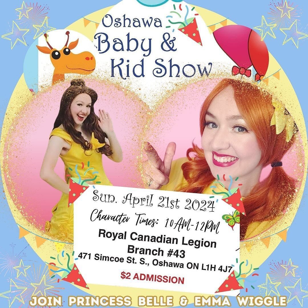 SUNDAY!! Join Princess Belle🌹&amp; Emma Wiggle🎀 at the Oshawa Baby &amp; Kid Show Market!

✨Character Times: 10AM-12PM✨
Market Times: 10AM-2PM
Date: Sunday, April 21st 2024
Location: 471 Simcoe St. S., Oshawa ON
Admission: $2.00
Kids 14 years and y