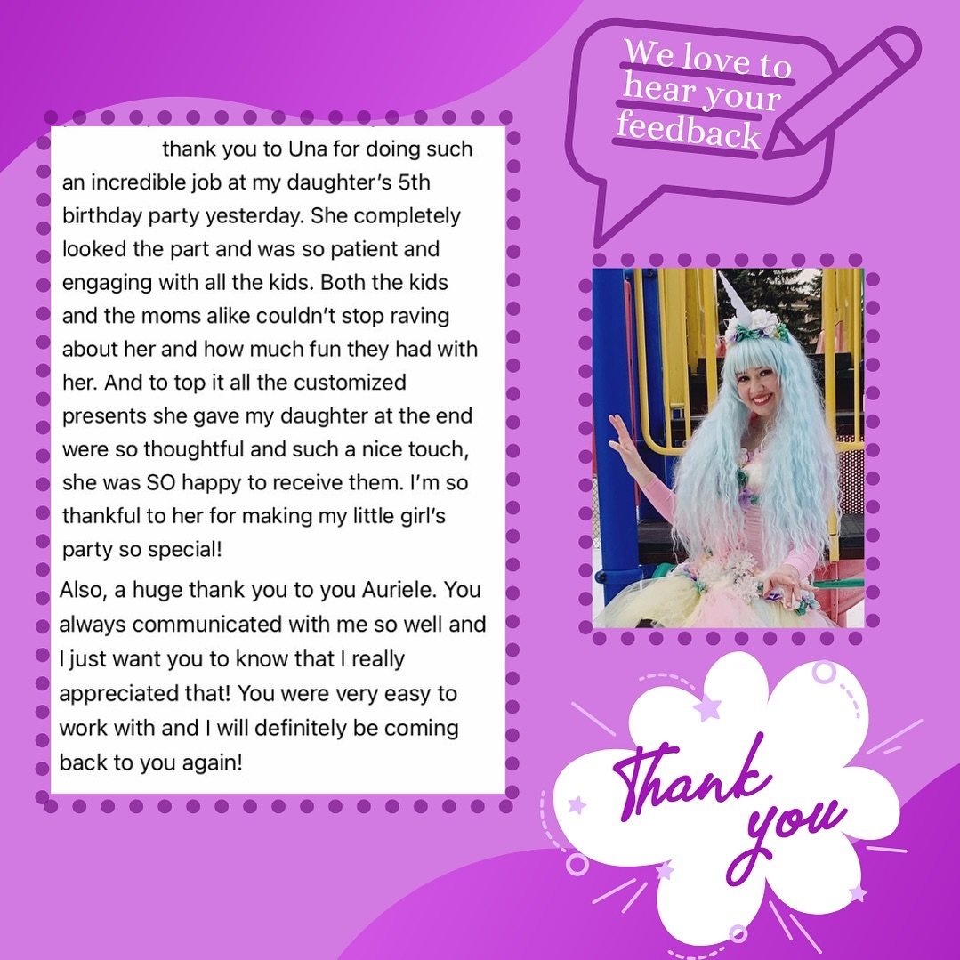 🦄 Una the Unicorn had a magical time and met so many wonderful new friends🦄

We appreciate the feedback! 
Thank you!

www.fairytalefactory.ca - link also in bio

#thefairytalefactory #unicornprincess #unicornparty #review #positivefeedback #busines