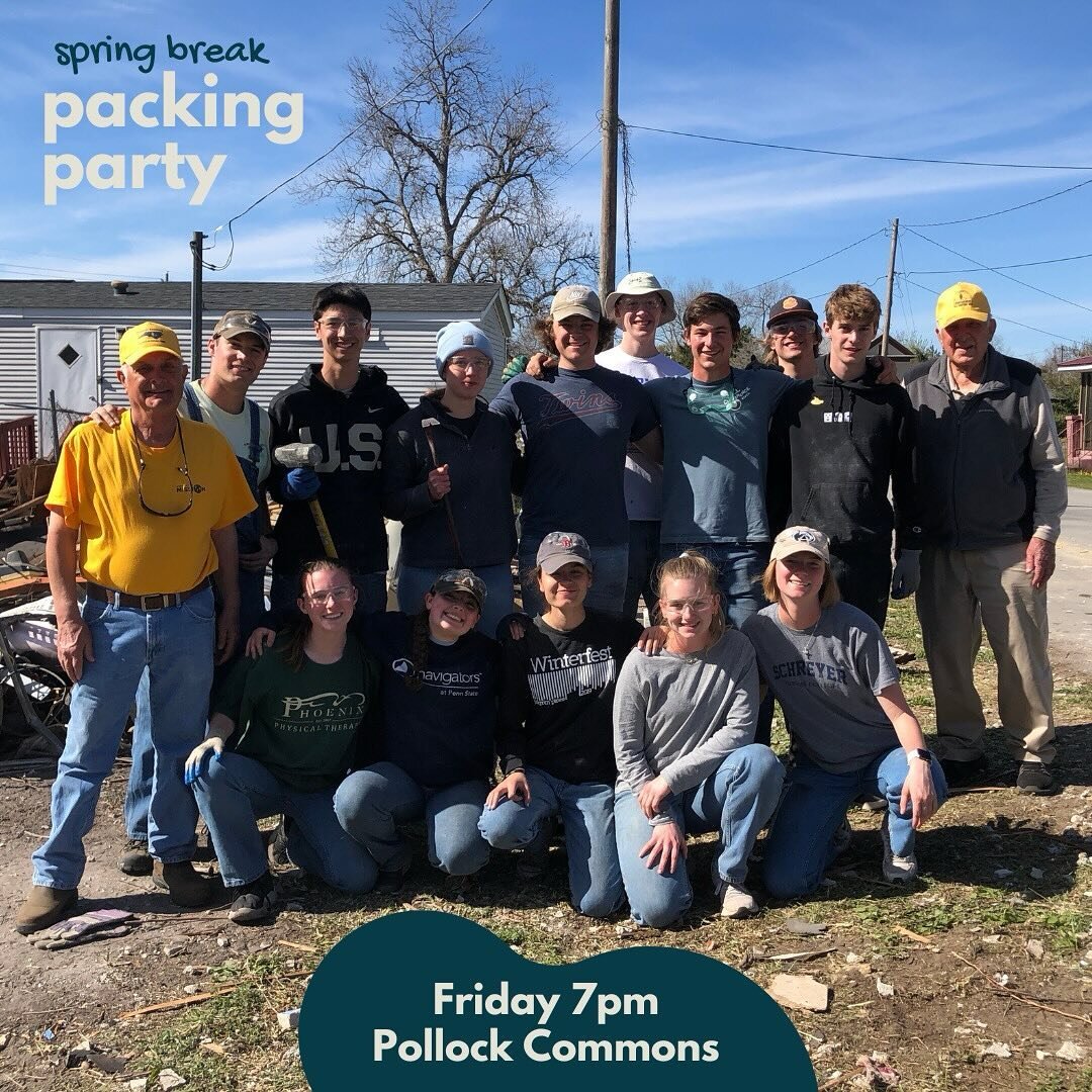 SPRING BREAK PACKING PARTY! 🧳
7pm in Pollock Commons! Bring your packed bags, sleeping bags, etc. We&rsquo;ll also be announcing car assignments!!! We&rsquo;ll see you tonight!