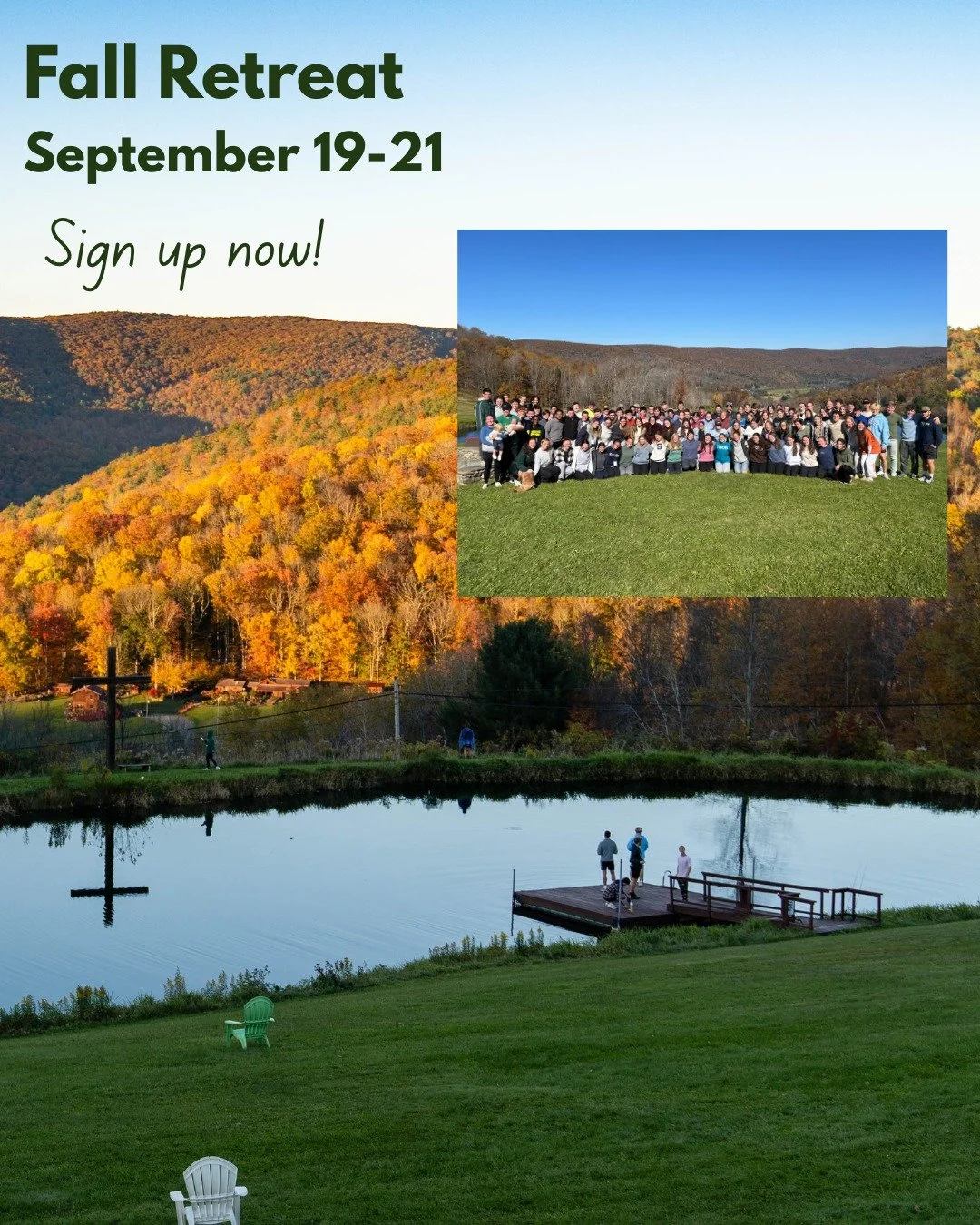 NAVS FALL RETREAT!
We're headed to His Thousand Hills in Wellsboro, PA from September 19th-21st. Fall Retreat is a great opportunity to get off campus, spend time in the word and in worship, make new friends, play games, and have fun!
🍁 Sign up with
