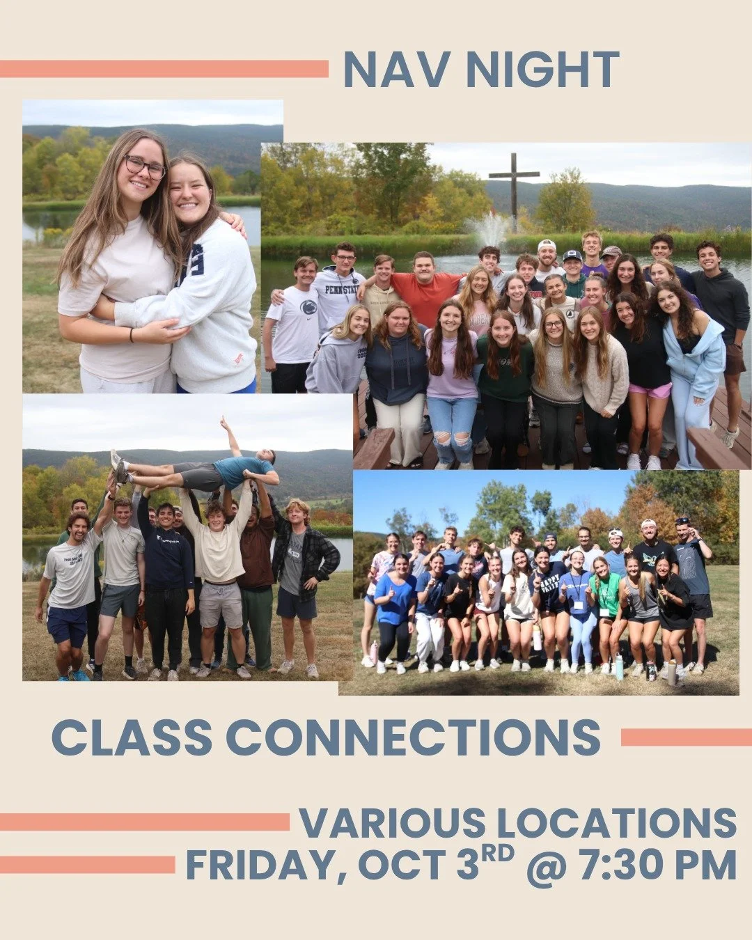 Get connected to your class this Nav Night with Class Connections!!!
Each class will be at different locations off campus!
Freshmen: 3118 Shellers Bend (James and Maggie&rsquo;s house)
Sophomores: 800 Oak Ridge Ave (Brad and Robin&rsquo;s house)
Juni