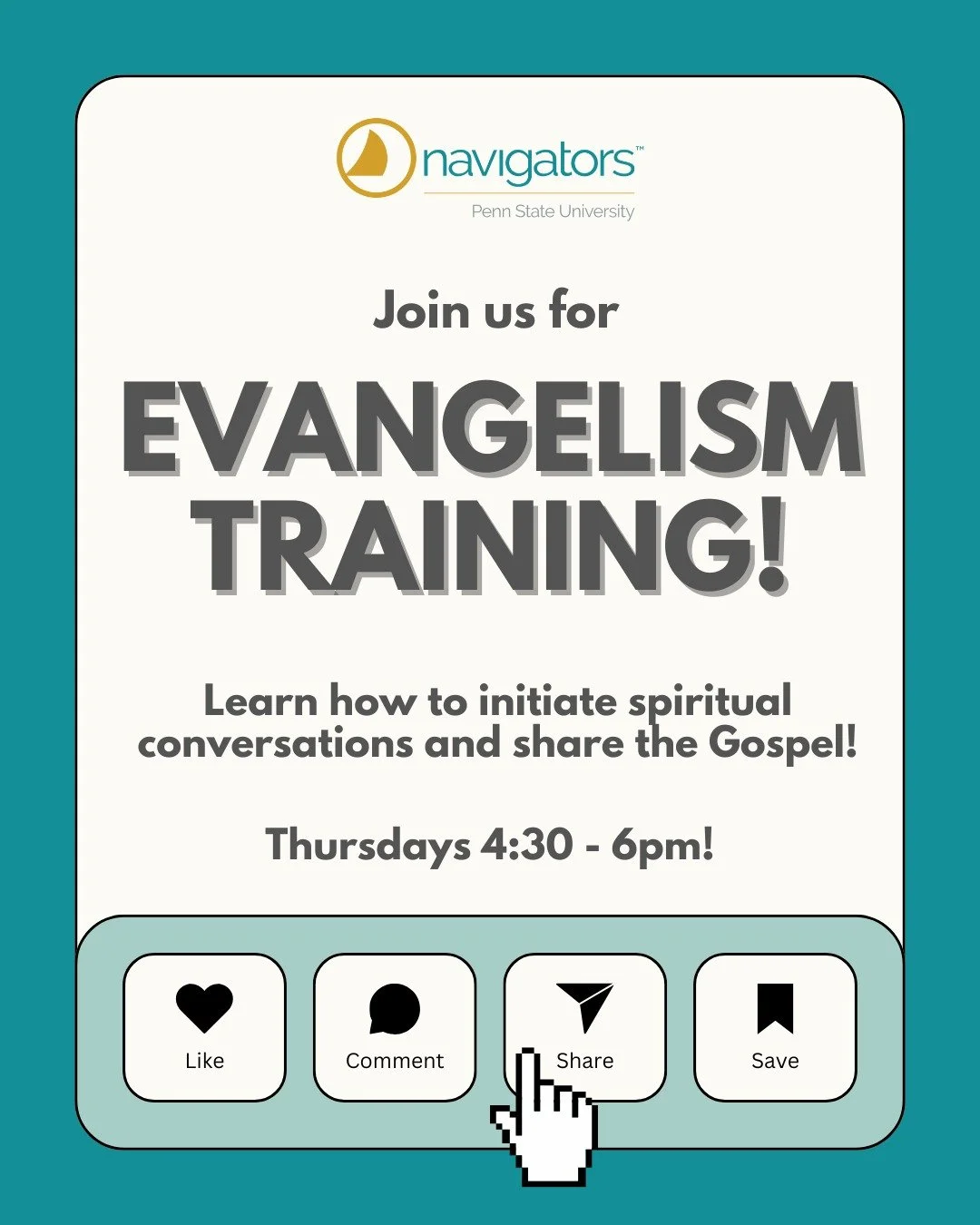 Want to learn how to share the Gospel with others? COME TO EVANGELISM TRAINING!!!

When: Thursdays 4:30-6pm
How long: 5 weeks
Where: Pasquirella (first meeting) &amp; HUB 
Spiritual growth: unimaginable

DM us if you're interested or want to learn mo