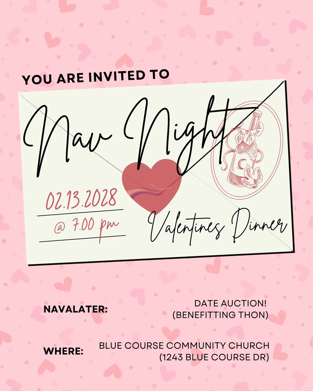 NAV NIGHT! (Valentine's Lasagna Dinner style)
Where: Blue Course Community Church (1243 Blue Course Dr) (Carpooling announced in Nav Announce)
When: 7 pm (NOT 7:30)
Who: You! Me! Us!
Navalater: Date Auction benefitting THON
Excited to see you there!