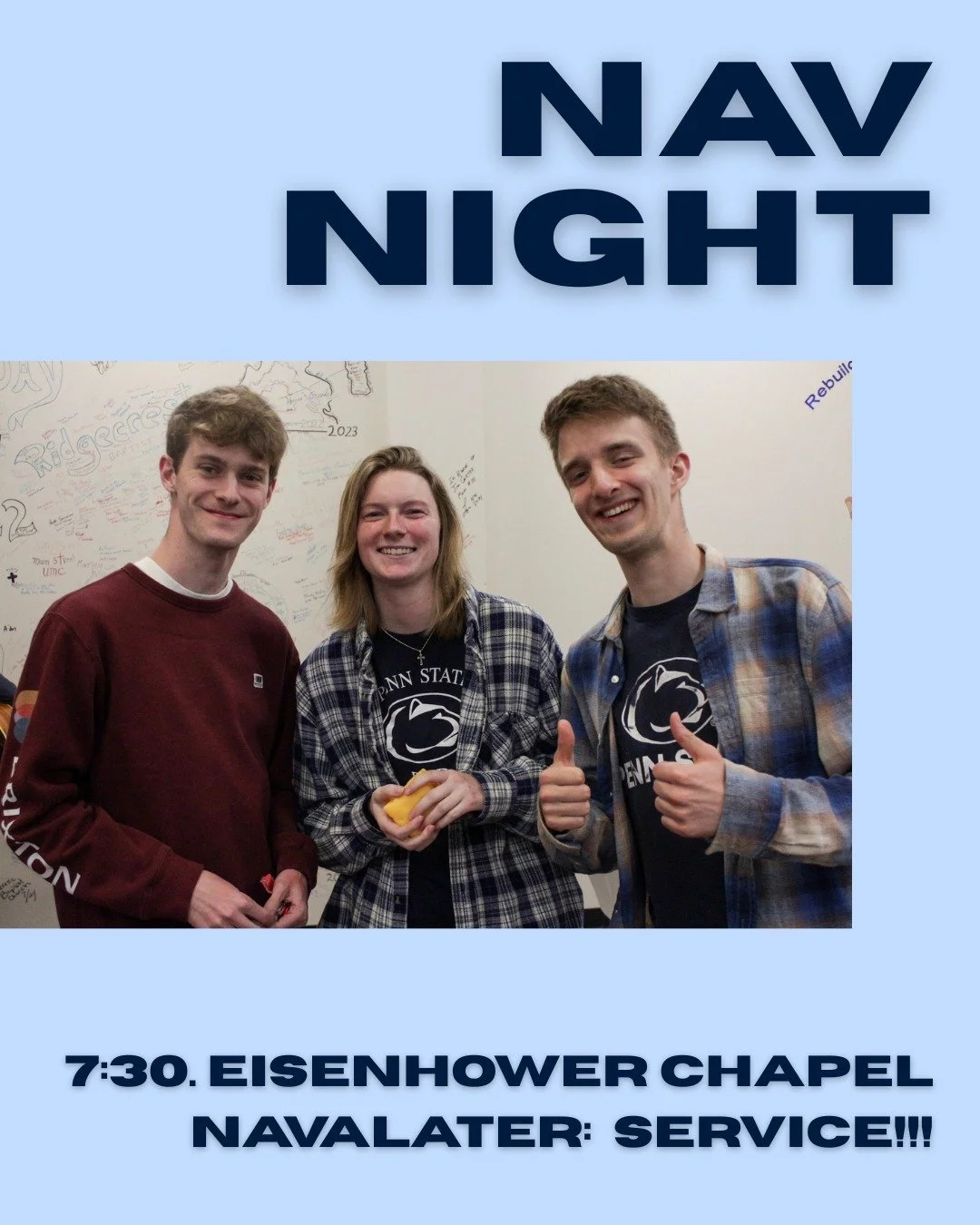 Looking for something to do to get out of the cold??? COME TO NAV NIGHT!!!

WHEN: Tonight (1/30) @ 7:30.
WHERE: Eisenhower Chapel.
LATER (NAVA): SERVICE!!! Making gospel bracelets and cutting fabric
HOW: Through the grace and power of God!

We're so 