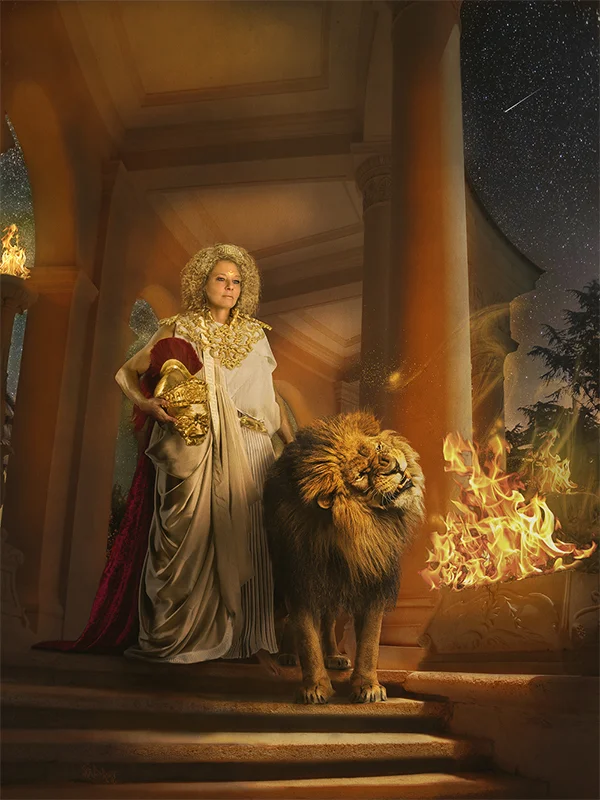 Returning from Battle: Amazon queen Nemeia and her battle lion