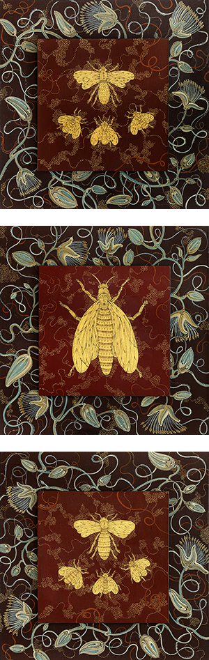 IMAGE: Stephanie Wilde, Queen, Drones and Workers , 2014, triptych, ink, acrylic, and gold leaf on museum board, 3 panels, 8″ x 8″ each, Collection of John and Carroll Sims.