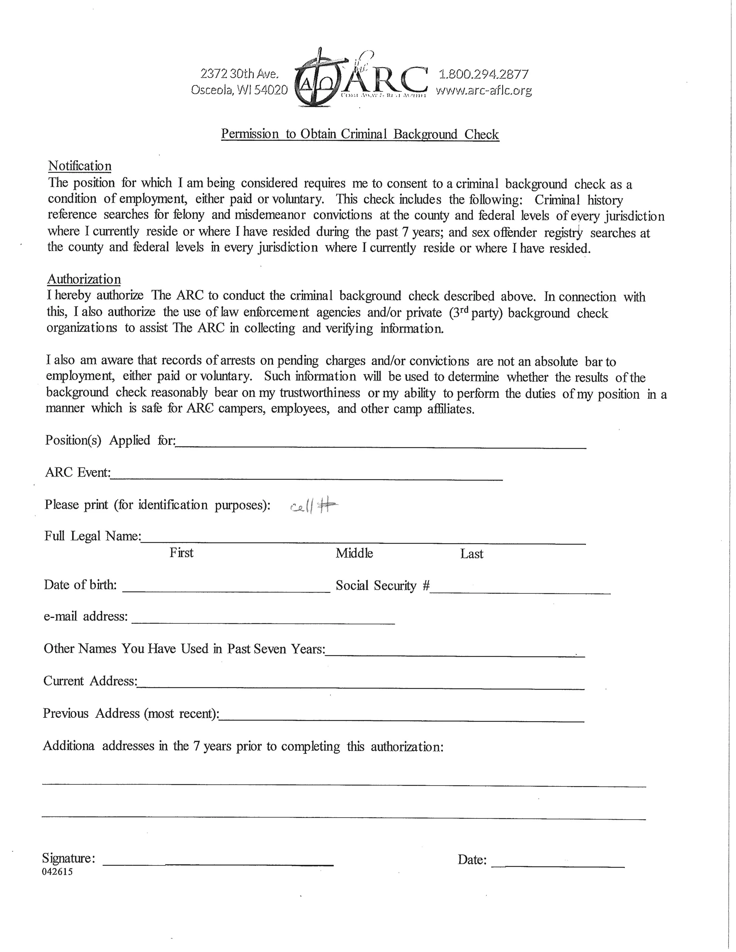 Required Background screening form — THE ARC