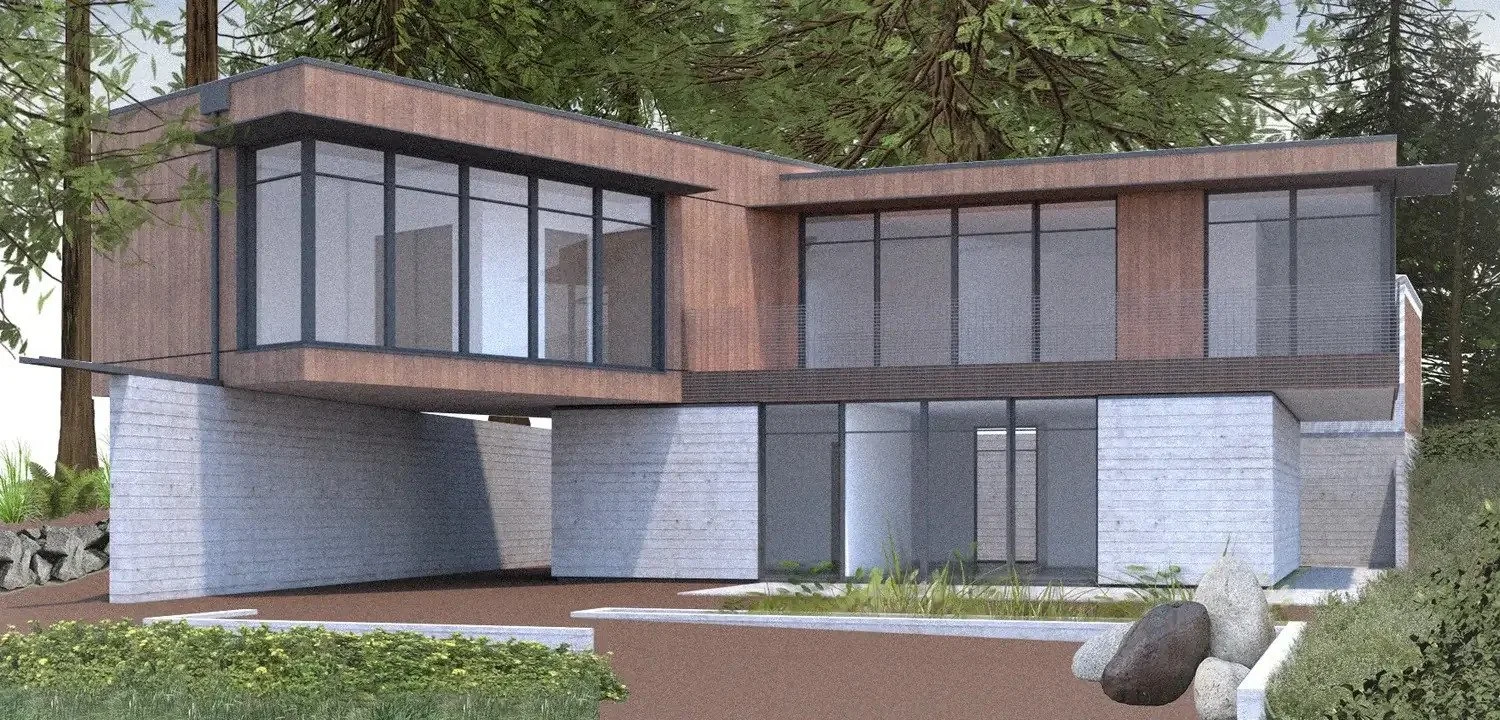 Luxury modern cantilever home exterior forest render