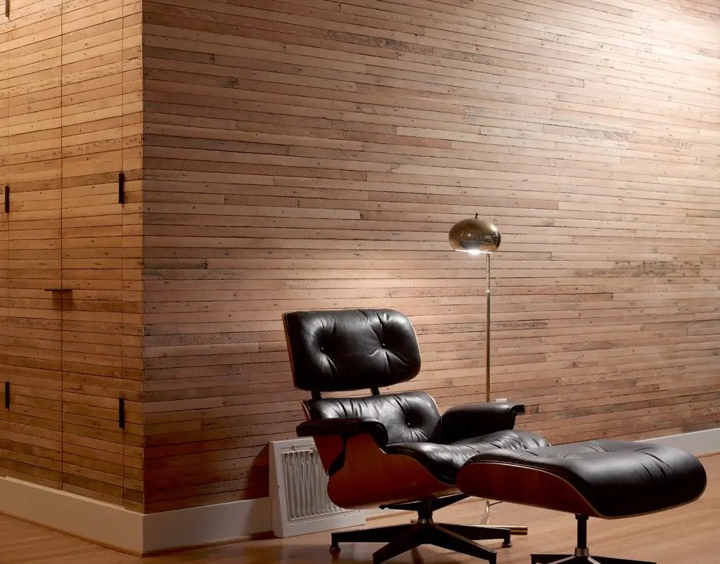 mid century modern lounge chair wood slat wall