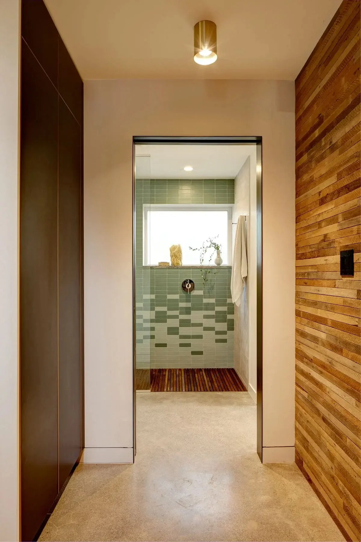 modern bathroom entryway green subway, tile shower