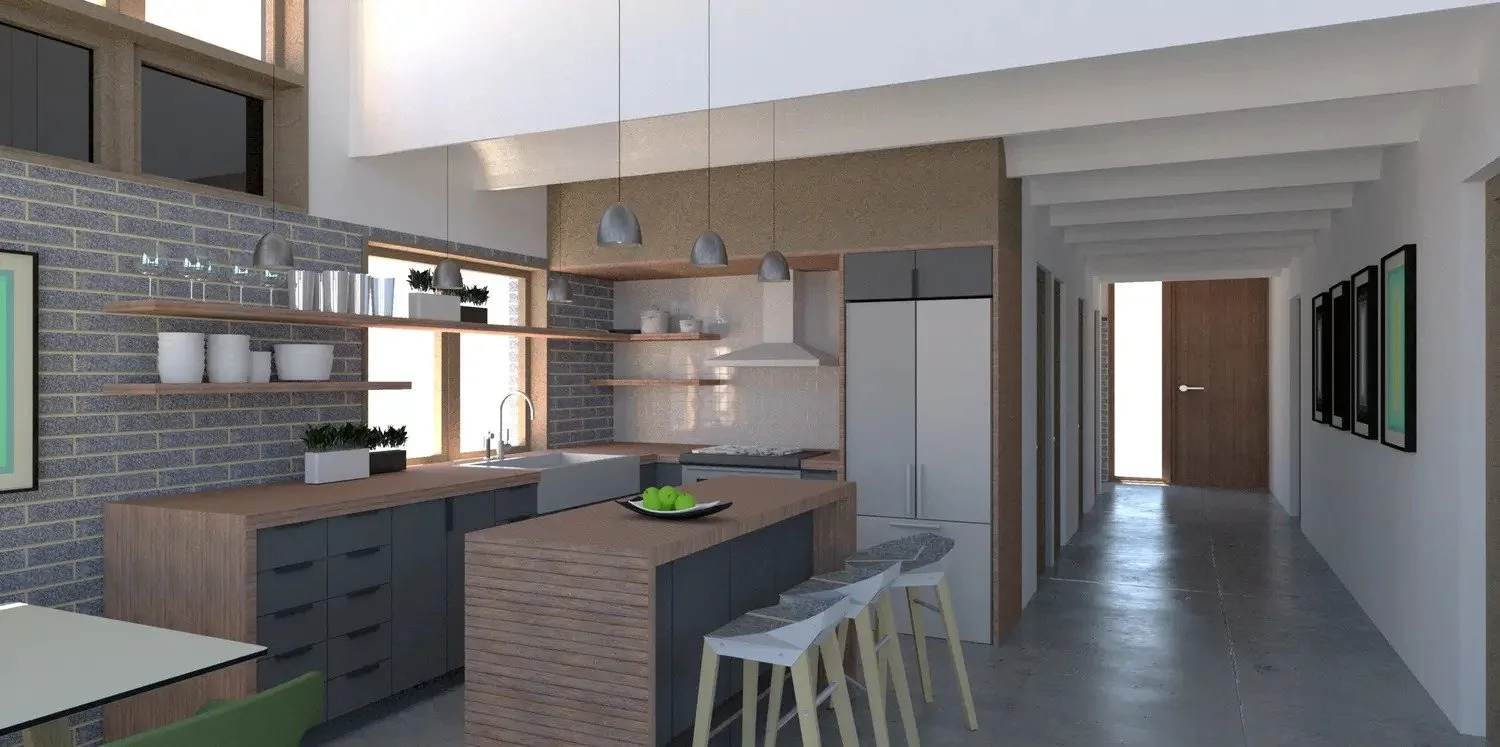 modern kitchen island industrial brick wall render