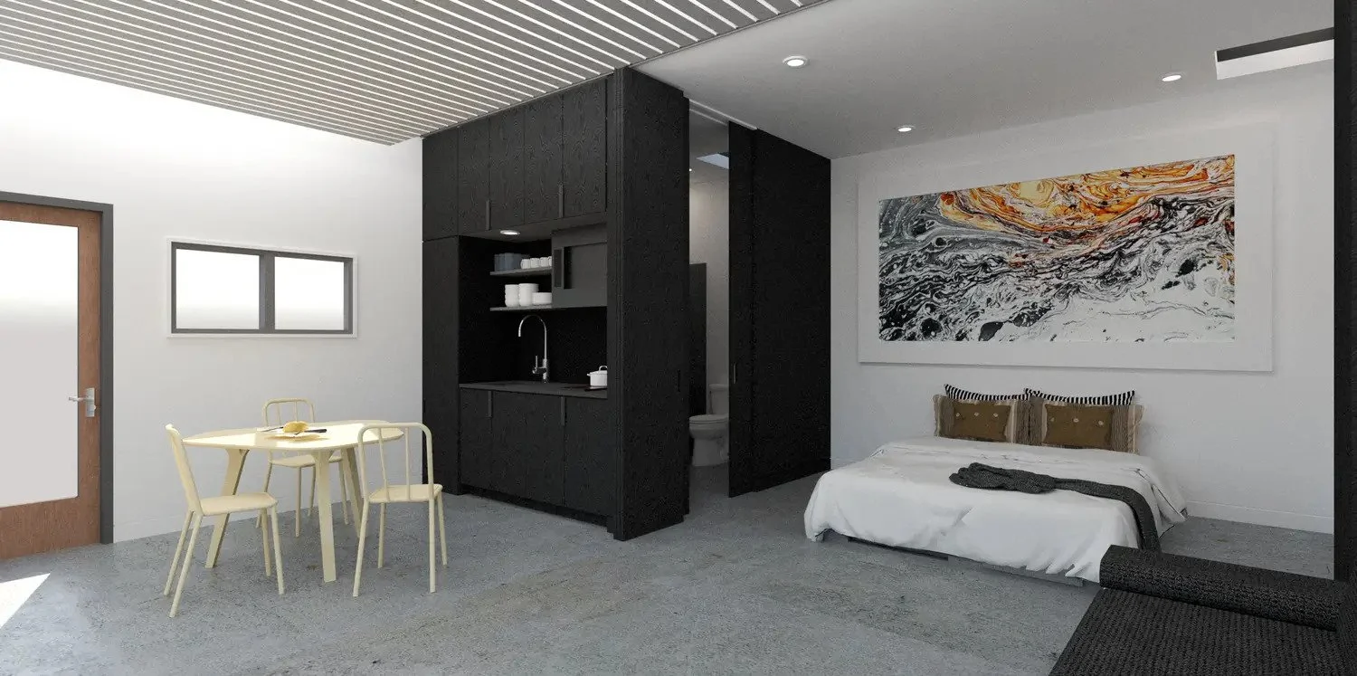 Dadu studio apartment black kitchenette render.