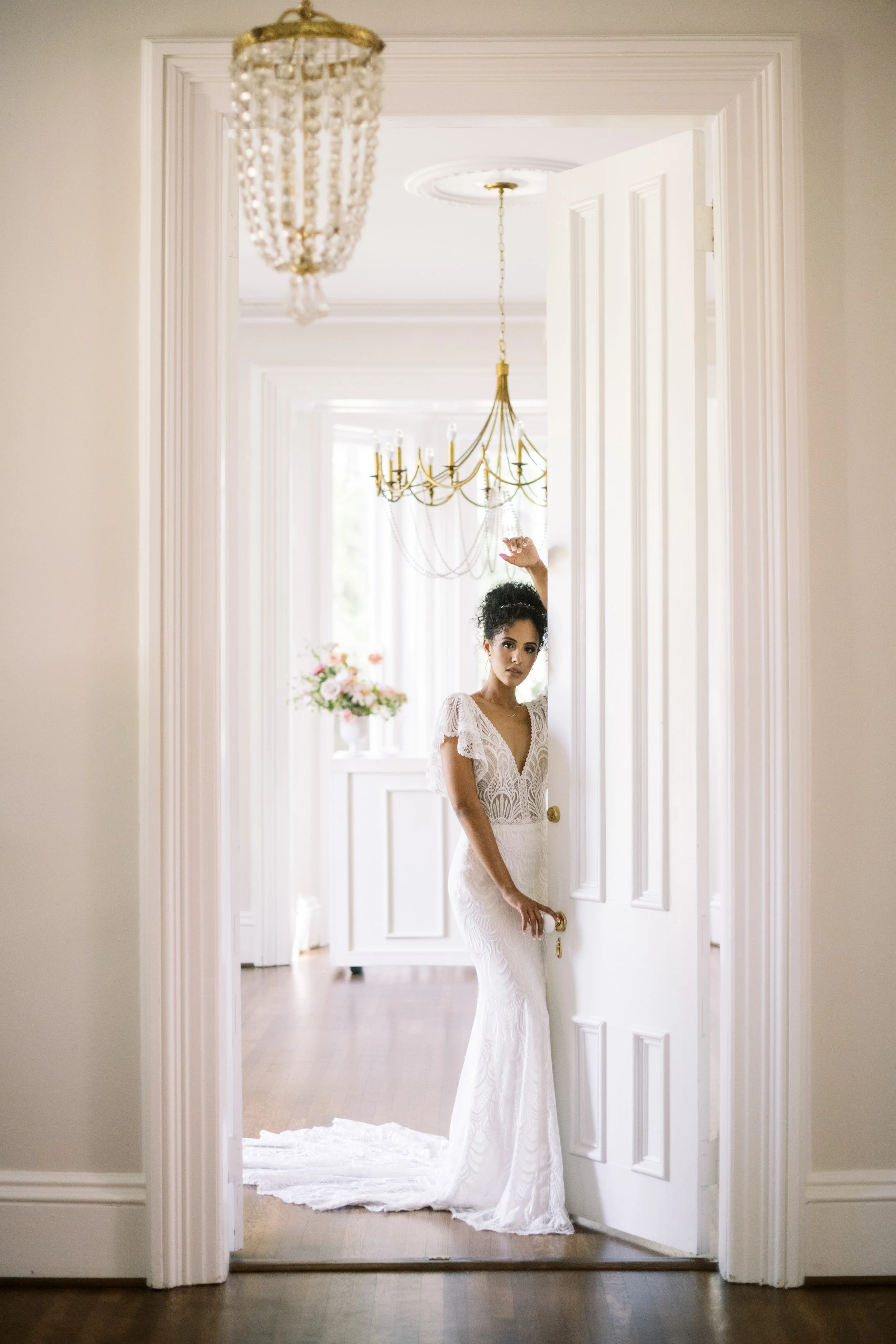 bridal portrait in doorway at McAlister-Leftwich House wedding in Greensboro North Carolina