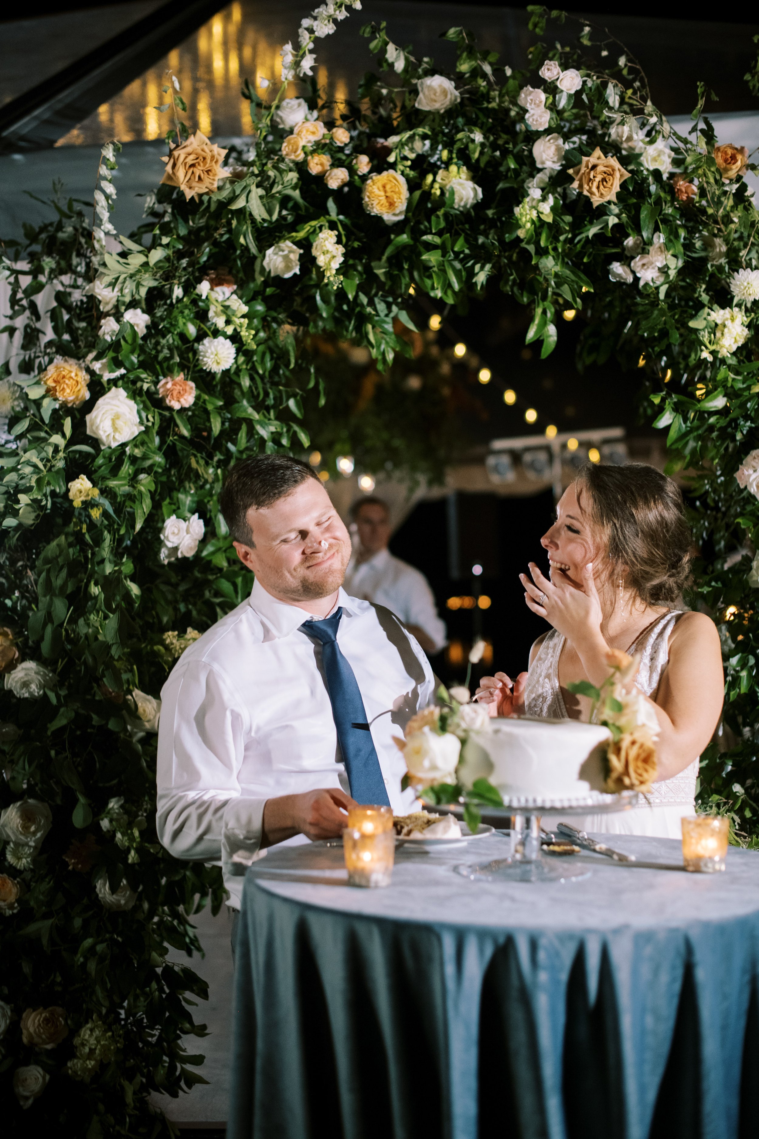 Bride and Groom Cut Wedding Cake Lake Gaston Wedding by NC Wedding Photographer Fancy This Photography 