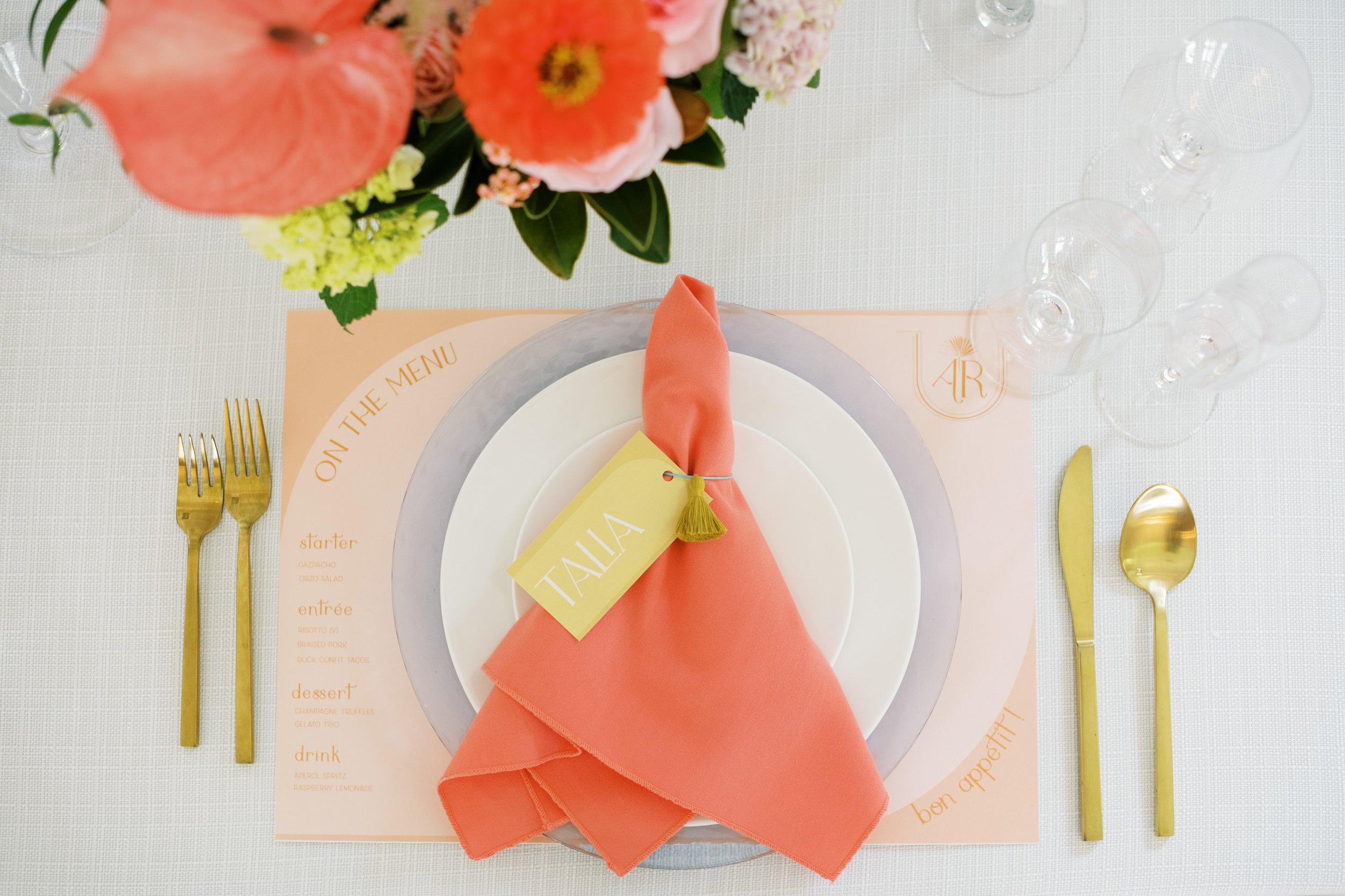 Table Setting Napkin Colorful Wedding Inspiration at The Bradford NC Wedding Venue Fancy This Photography