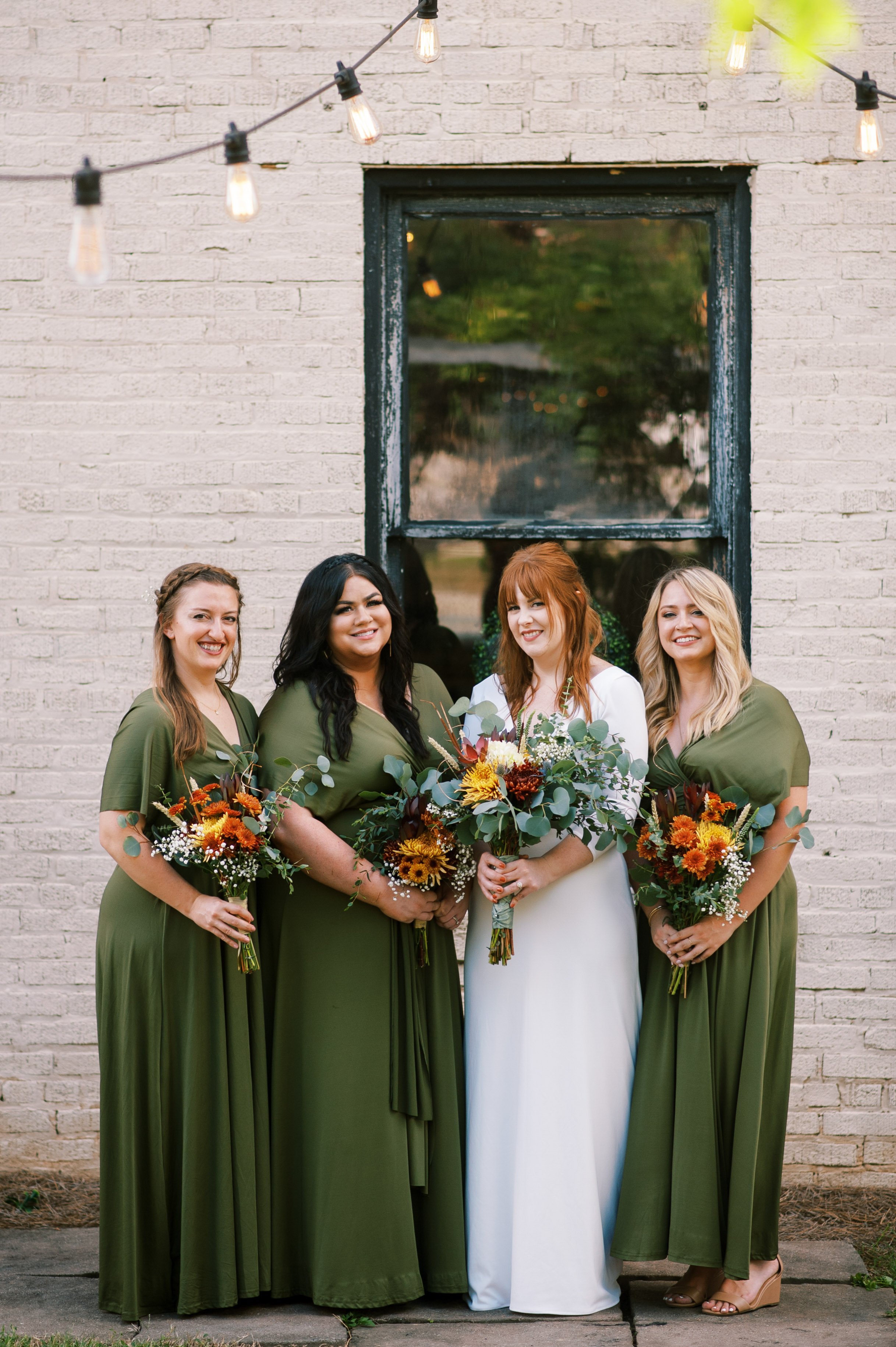 Olive Green Bridesmaids Dresses Fall Wedding at The Bottle Factory Monroe NC Fancy This Photography