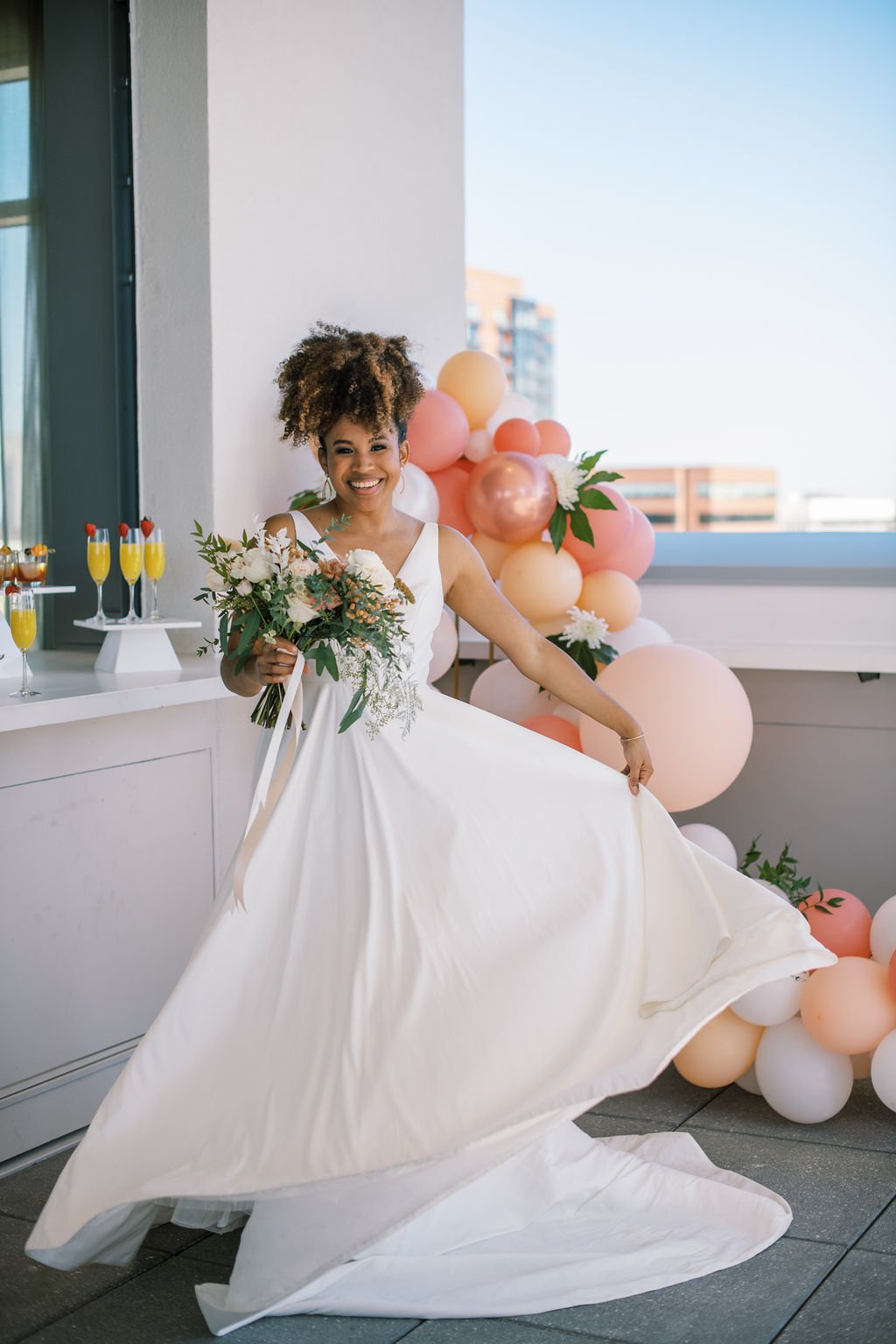 Bride Dress Pink Balloons The Willard Rooftop Lounge at AC Hotel Raleigh Downtown Fancy This Photography