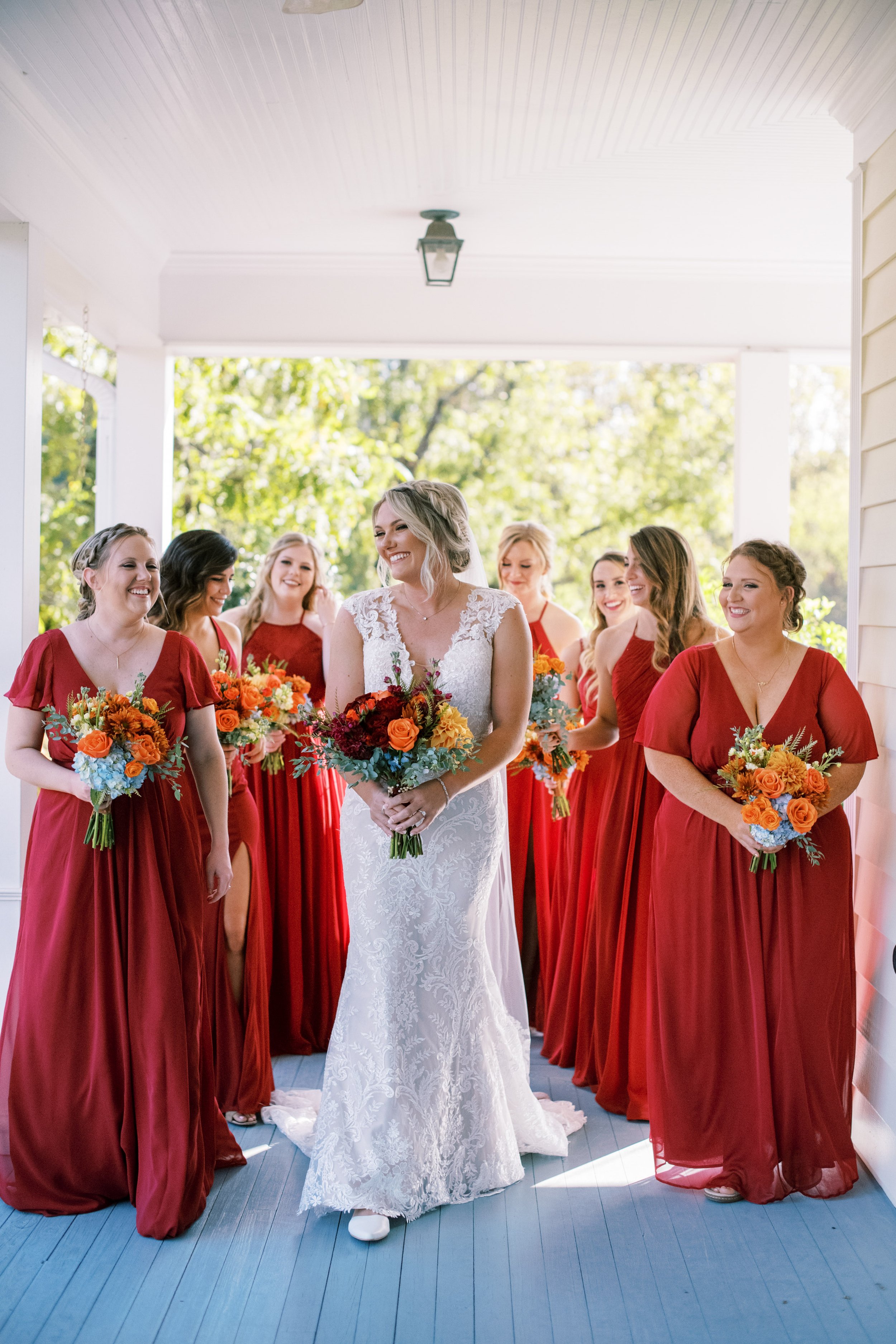 Fall Bride and Bridesmaids Front Porch Walnut Hill NC Wedding Venue Fancy This Photography
