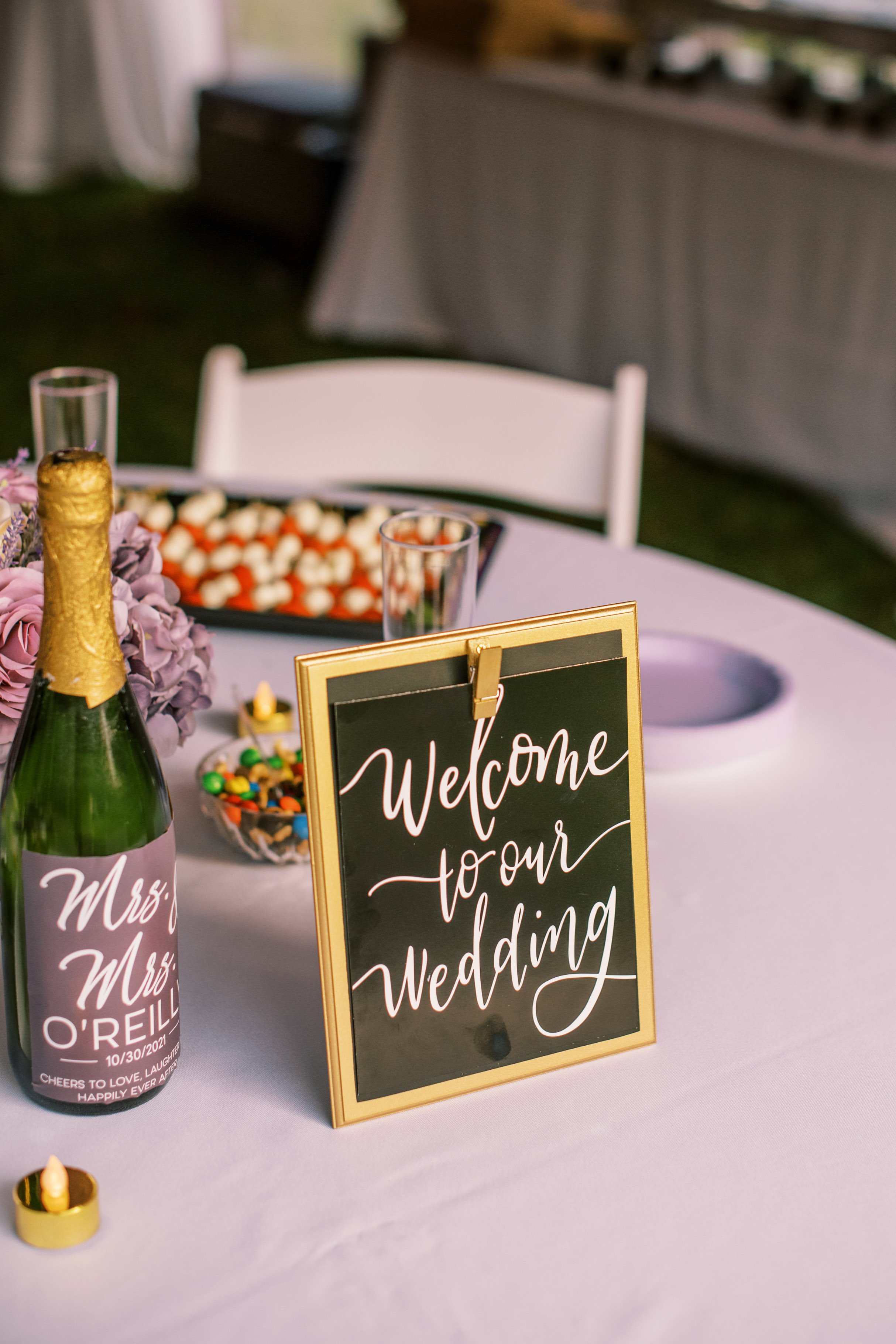 Champagne and Signage at Beautiful Mebane NC Wedding in Family's Backyard Fancy This Photography