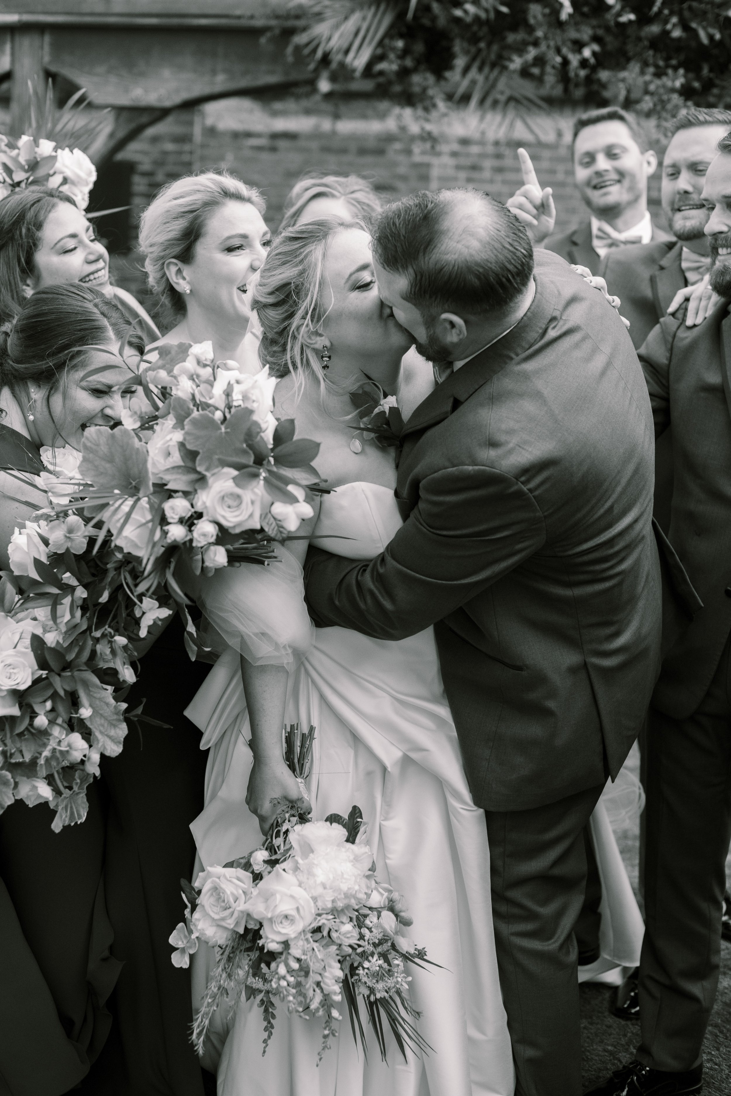 Bride Groom Kiss Black and White Wedding at The Cloth Mill at Eno River&nbsp;Fancy This Photography