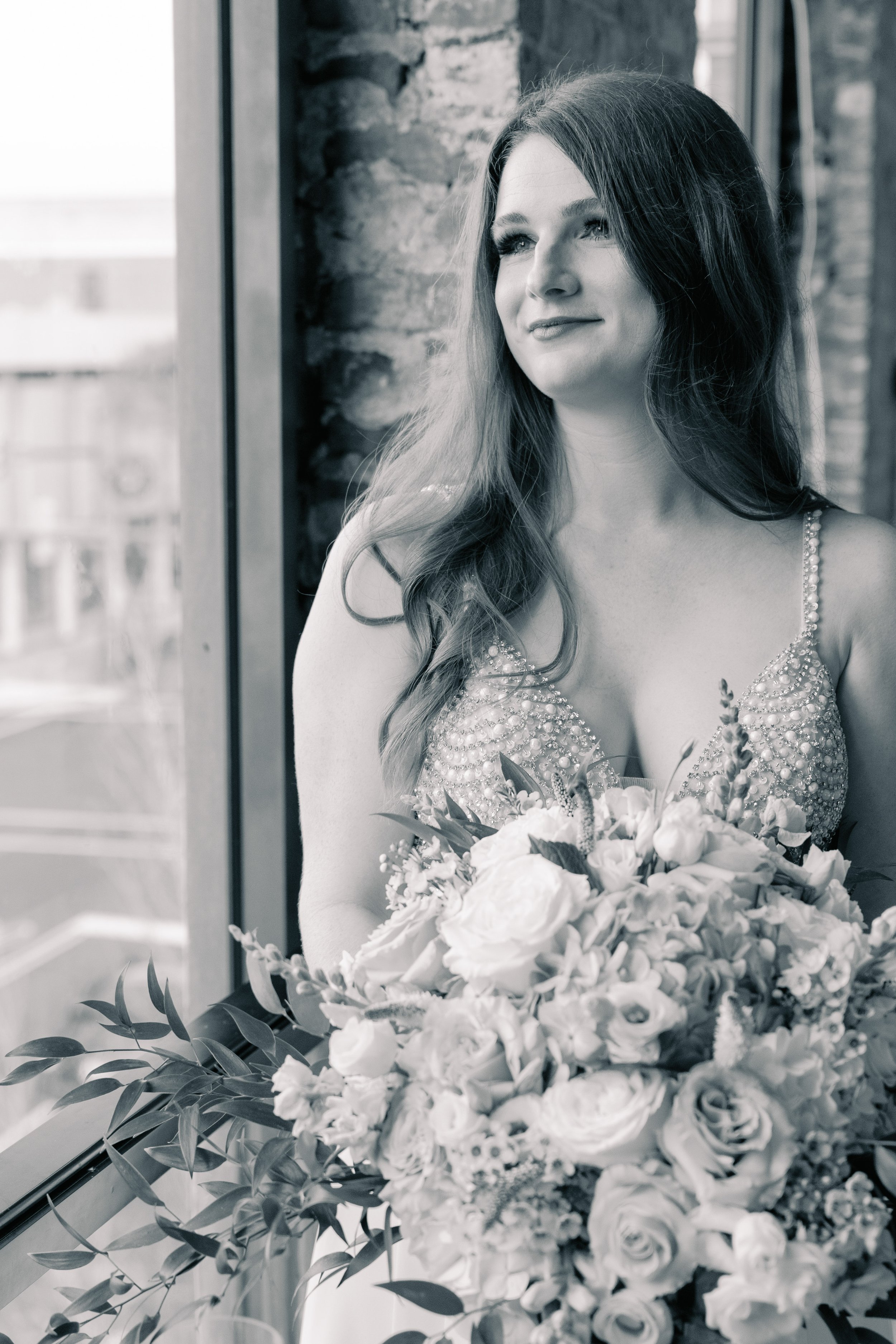 Black and white Bridal Portrait Bouquet Salisbury North Carolina Wedding at  The Meroney Theater Fancy This Photography