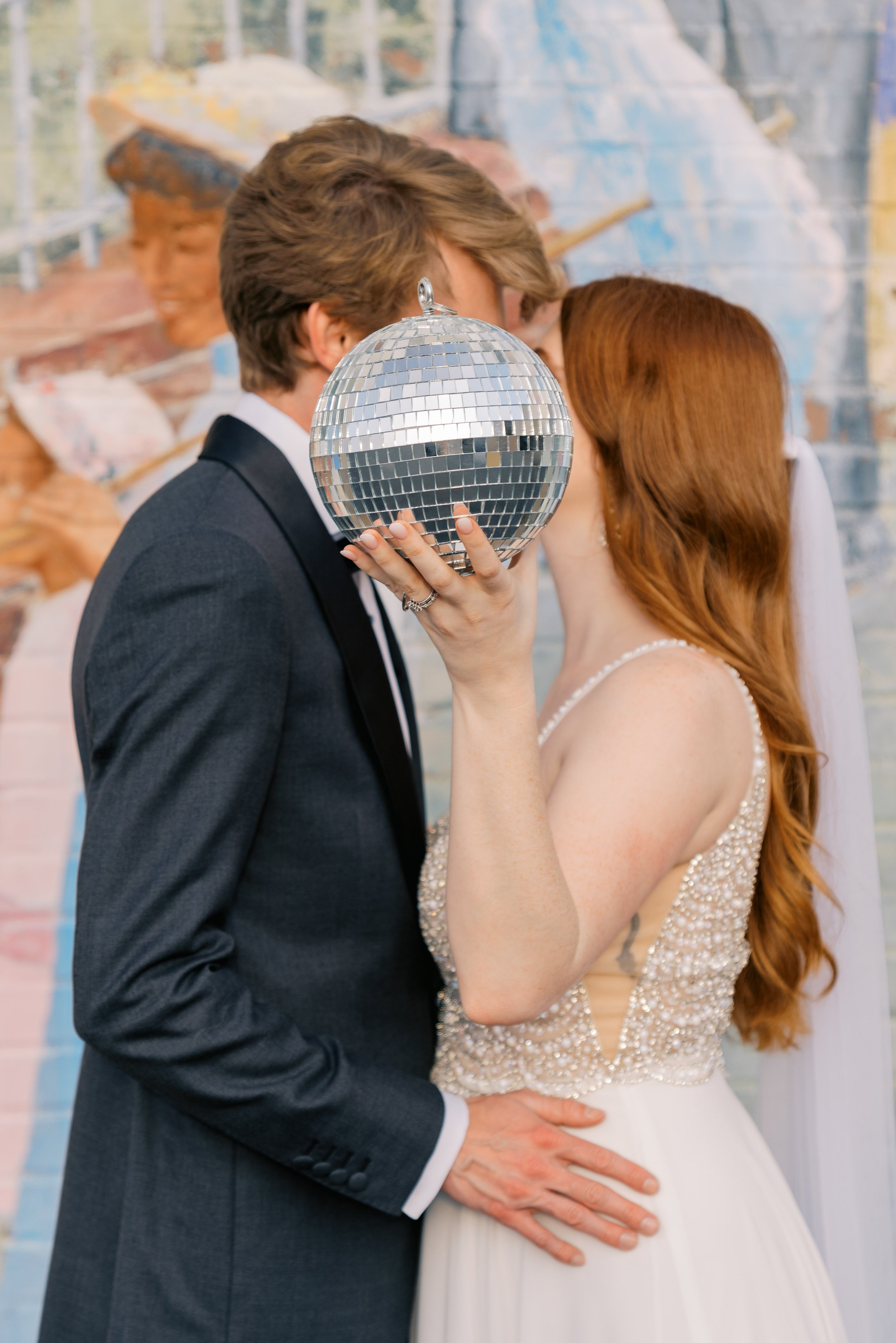 Disco Ball Bride and Groom Salisbury North Carolina Wedding at The Meroney Theater Fancy This Photography