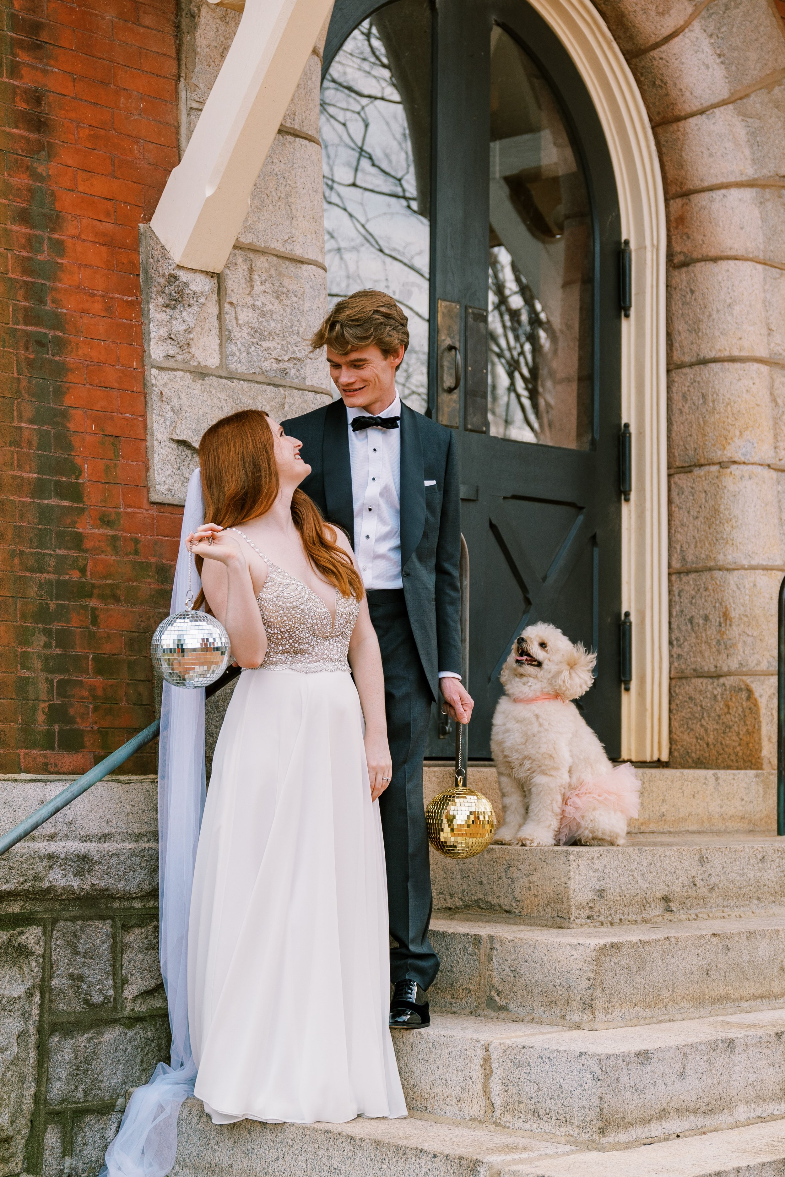 Bride and Groom with Dogs and Disco Balls Salisbury North Carolina Wedding at The Meroney Theater  Fancy This Photography
