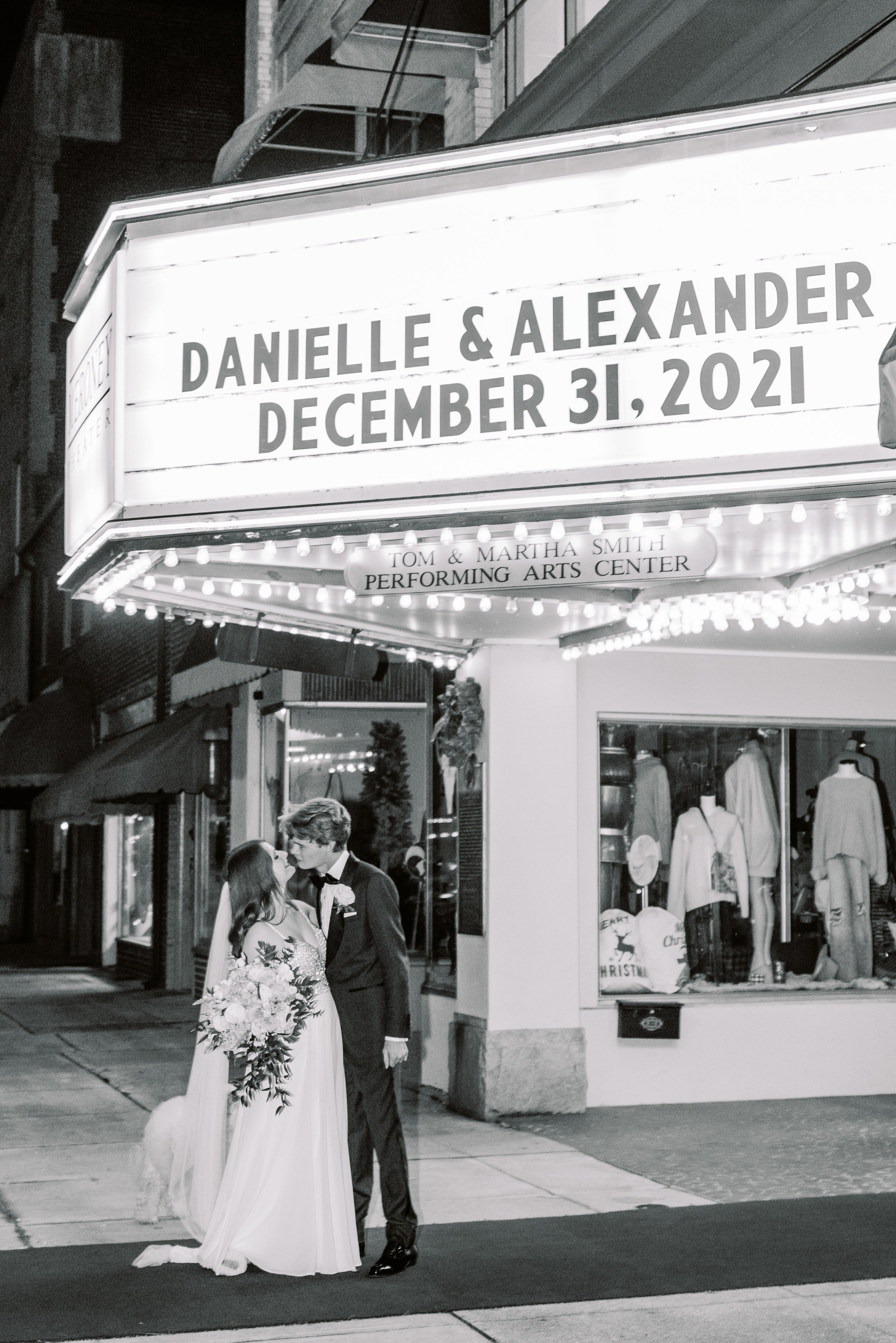 Vintage Movie Sign Bride and Groom Salisbury North Carolina Wedding at The Meroney Theater Fancy This Photography