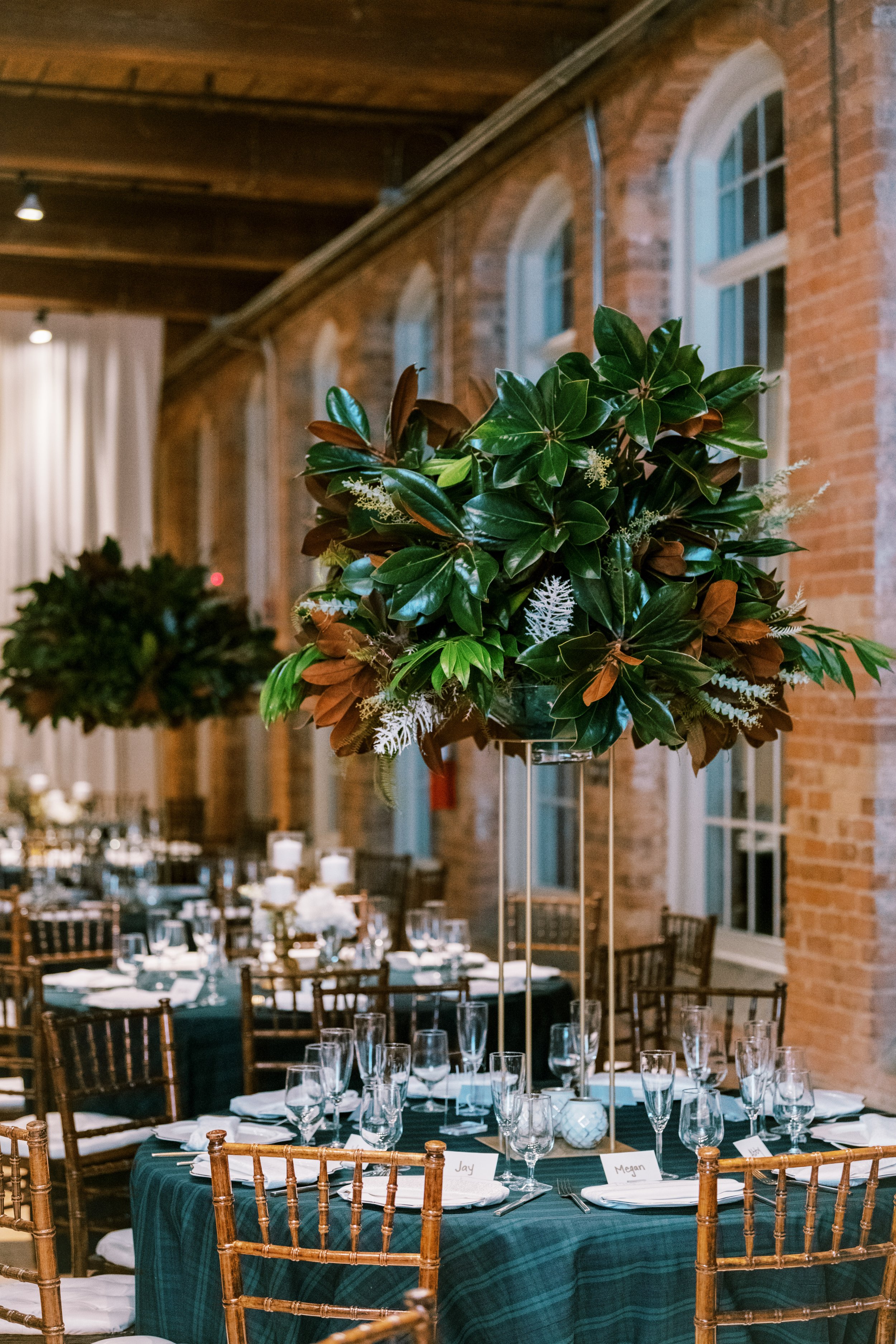 Magnolia Leaf Table Centerpiece Wedding at The Cotton Room Durham NC Fancy This Photography