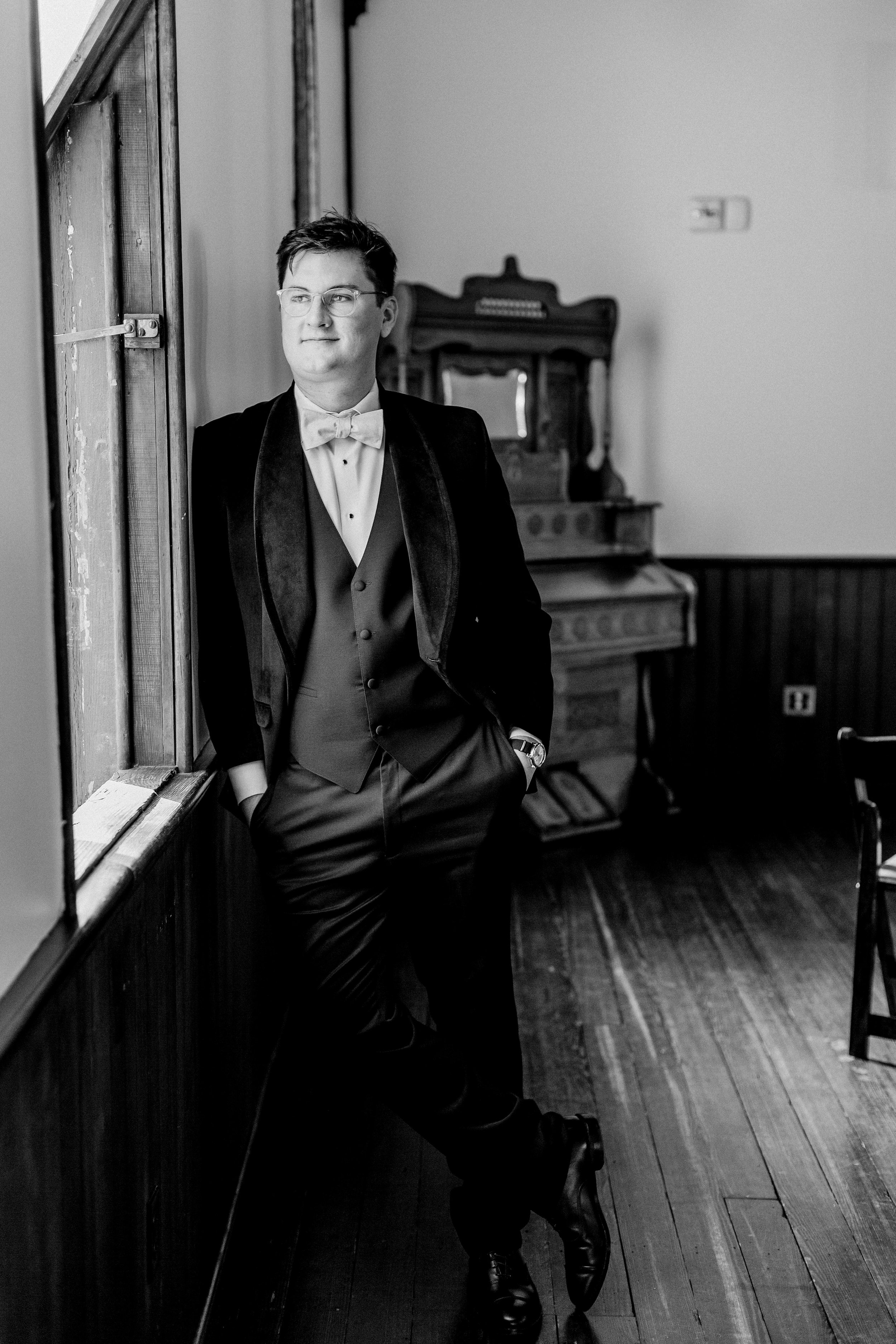 Black and White Groom Portrait Wedding at All Saints Chapel Raleigh NC Fancy This Photography